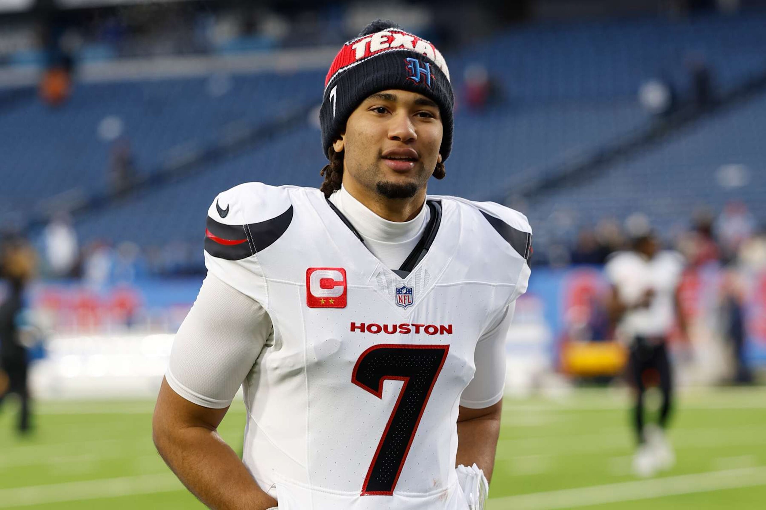 NASHVILLE, TENNESSEE - JANUARY 05: C.J. Stroud #7 of the Houston Texans looks on after defeating the Tennessee Titans 23-14  at Nissan Stadium on January 05, 2025 in Nashville, Tennessee. (Photo by Wesley Hitt/Getty Images)