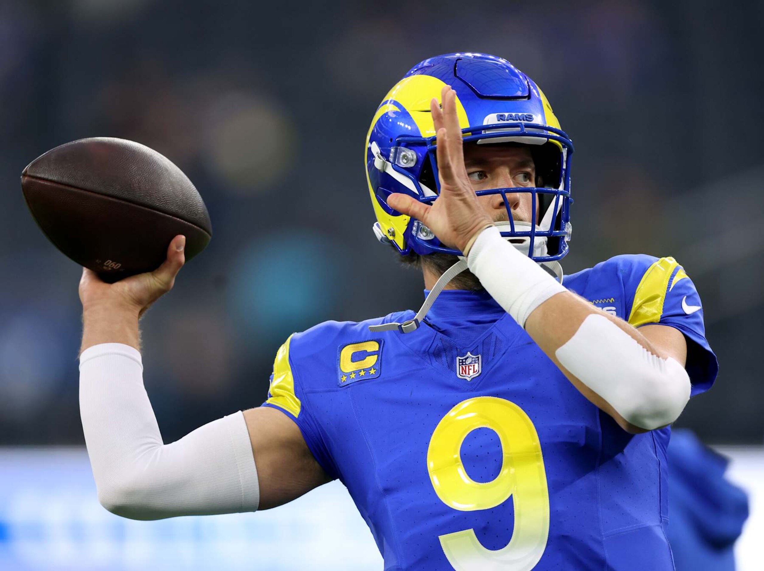INGLEWOOD, CALIFORNIA - DECEMBER 28: Matthew Stafford #9 of the Los Angeles Rams during warm up before the game against the Arizona Cardinals at SoFi Stadium on December 28, 2024 in Inglewood, California. (Photo by Harry How/Getty Images)