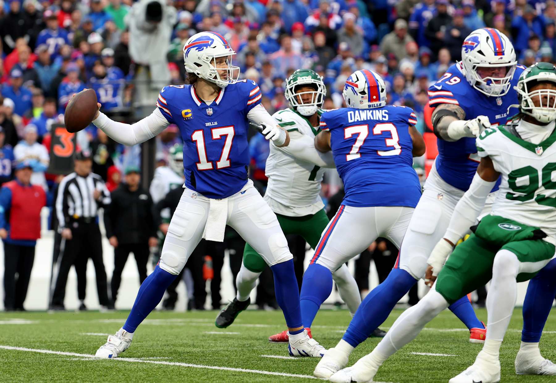 ORCHARD PARK, NEW YORK - DECEMBER 29: Josh Allen #17 of the Buffalo Bills drops back to throw a pass during a game against the New York Jets at Highmark Stadium on December 29, 2024 in Orchard Park, New York. (Photo by Timothy T Ludwig/Getty Images)