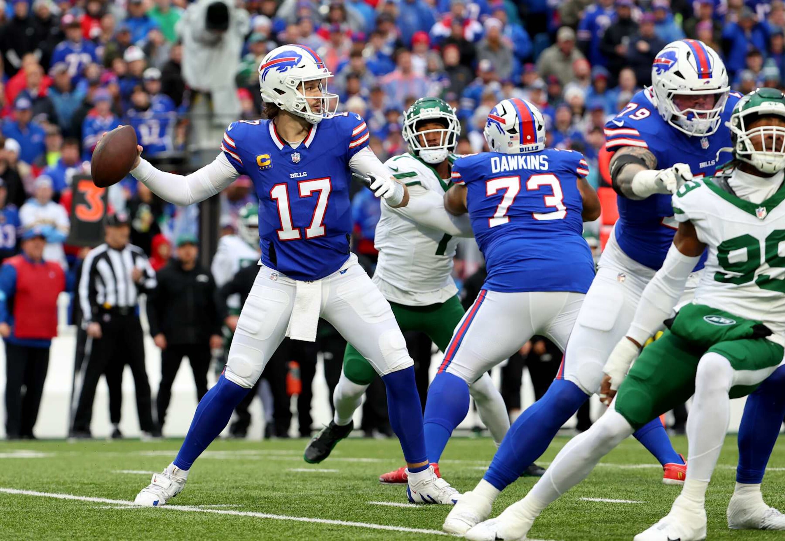 ORCHARD PARK, NEW YORK - DECEMBER 29: Josh Allen #17 of the Buffalo Bills drops back to throw a pass during a game against the New York Jets at Highmark Stadium on December 29, 2024 in Orchard Park, New York. (Photo by Timothy T Ludwig/Getty Images) ORCHARD PARK, NEW YORK - DECEMBER 29: Josh Allen #17 of the Buffalo Bills drops back to throw a pass during a game against the New York Jets at Highmark Stadium on December 29, 2024 in Orchard Park, New York. (Photo by Timothy T Ludwig/Getty Images)