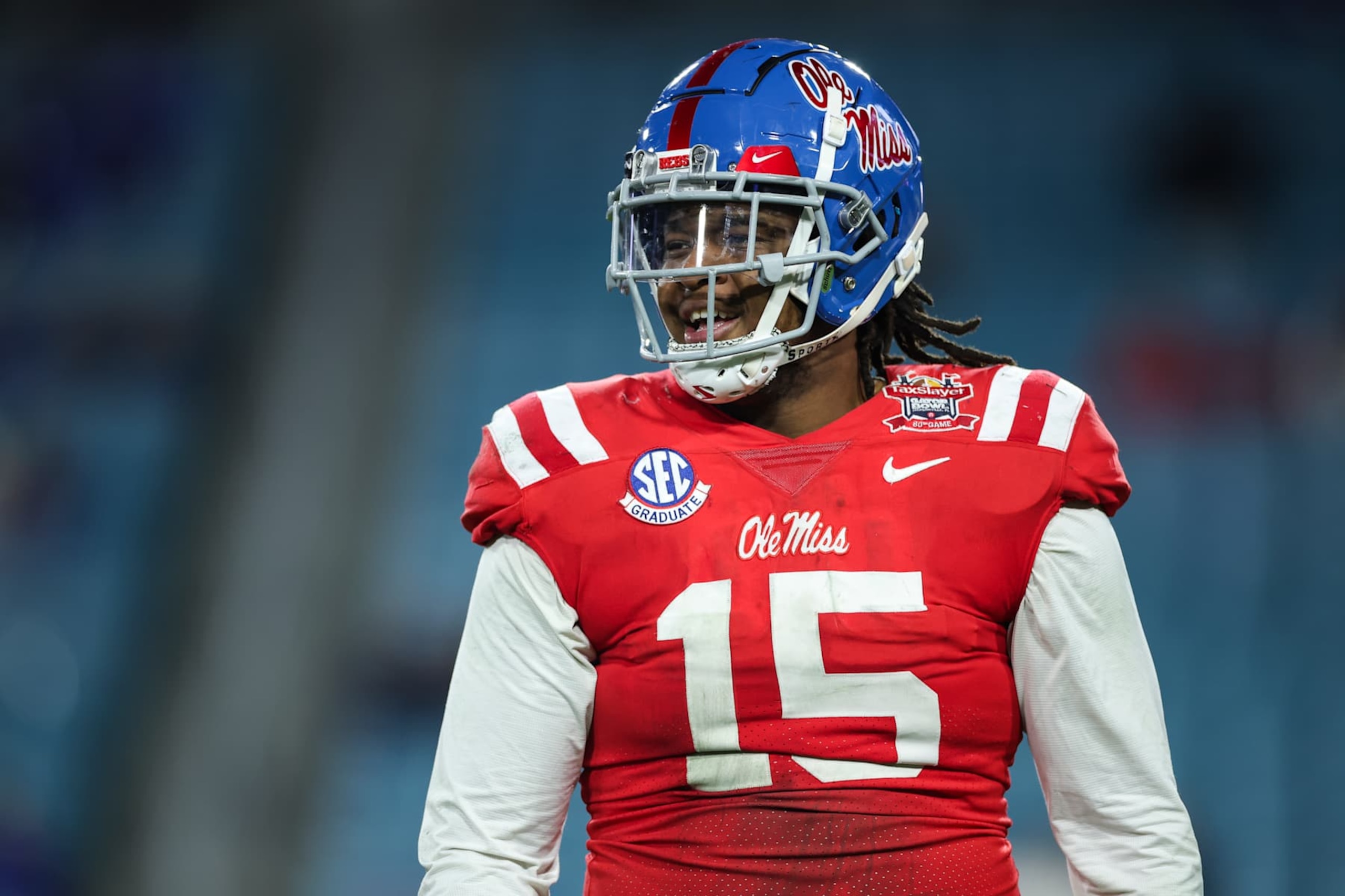 JACKSONVILLE, FLORIDA - JANUARY 02: Jared Ivey #15 of the Mississippi Rebels reacts during the second half of the TaxSlayer Gator Bowl against the Duke Blue Devils at EverBank Stadium on January 02, 2025 in Jacksonville, Florida. (Photo by James Gilbert/Getty Images)