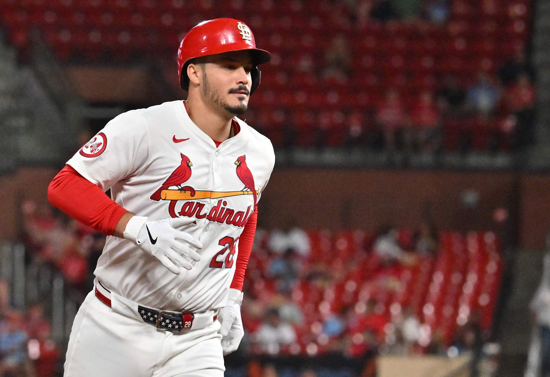ST. LOUIS, MO - SEPTEMBER 11: St. Louis Cardinals third baseman Nolan Arenado (28) runs the bases after hitting a solo home run in the fourth inning during a MLB game between the Cincinnati Reds and the St. Louis Cardinals, on September 11, 2024, at Busch Stadium, St. Louis, MO. (Photo by Keith Gillett/Icon Sportswire via Getty Images)