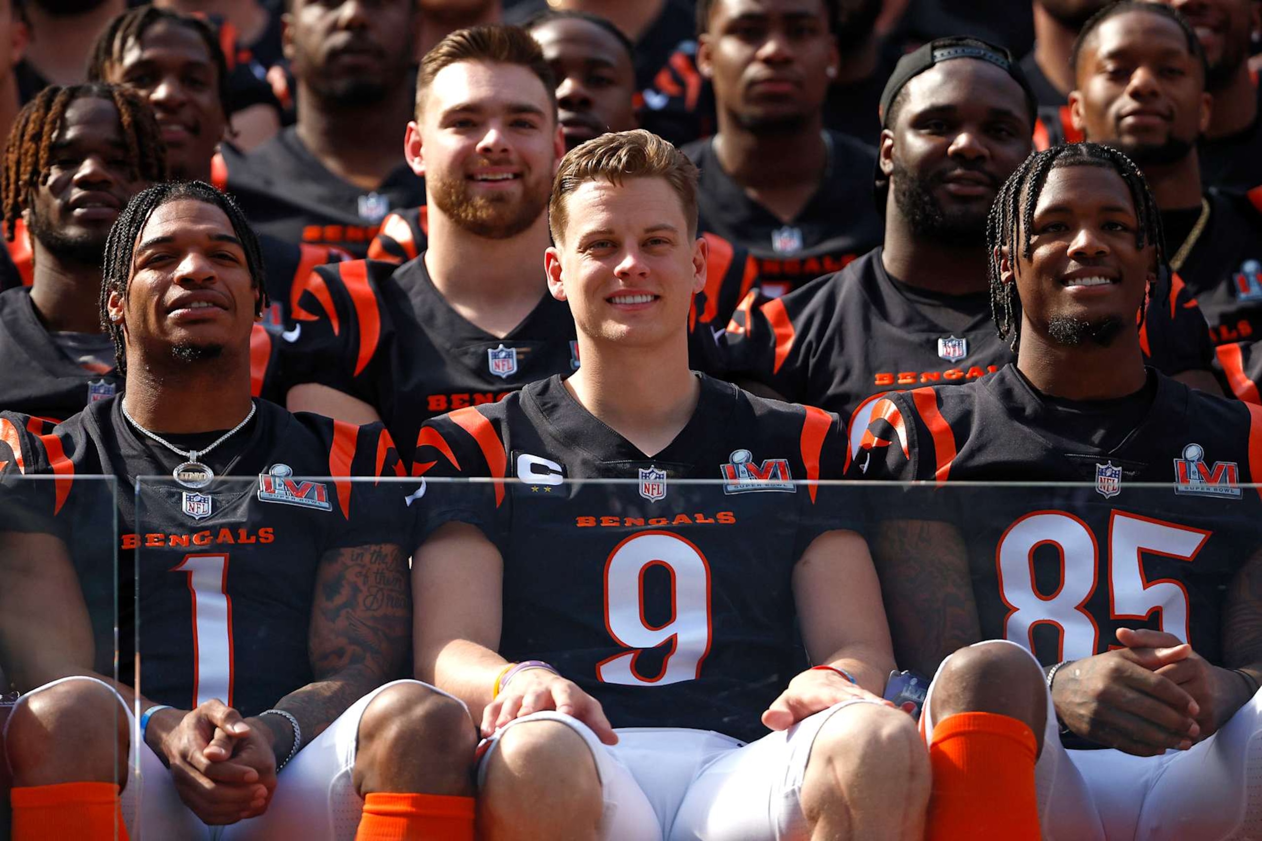 LOS ANGELES, CALIFORNIA - FEBRUARY 12: L-R Ja'Marr Chase #1, Joe Burrow #9 and Tee Higgins #85 of the Cincinnati Bengals sit in the front for the Cincinnati Bengals team photo at UCLA's Drake Stadium on February 12, 2022 in Los Angeles, California. The Bengals will play against the Los Angeles Rams in Super Bowl LVI on February 13. (Photo by Ronald Martinez/Getty Images) LOS ANGELES, CALIFORNIA - FEBRUARY 12: L-R Ja'Marr Chase #1, Joe Burrow #9 and Tee Higgins #85 of the Cincinnati Bengals sit in the front for the Cincinnati Bengals team photo at UCLA's Drake Stadium on February 12, 2022 in Los Angeles, California. The Bengals will play against the Los Angeles Rams in Super Bowl LVI on February 13. (Photo by Ronald Martinez/Getty Images)