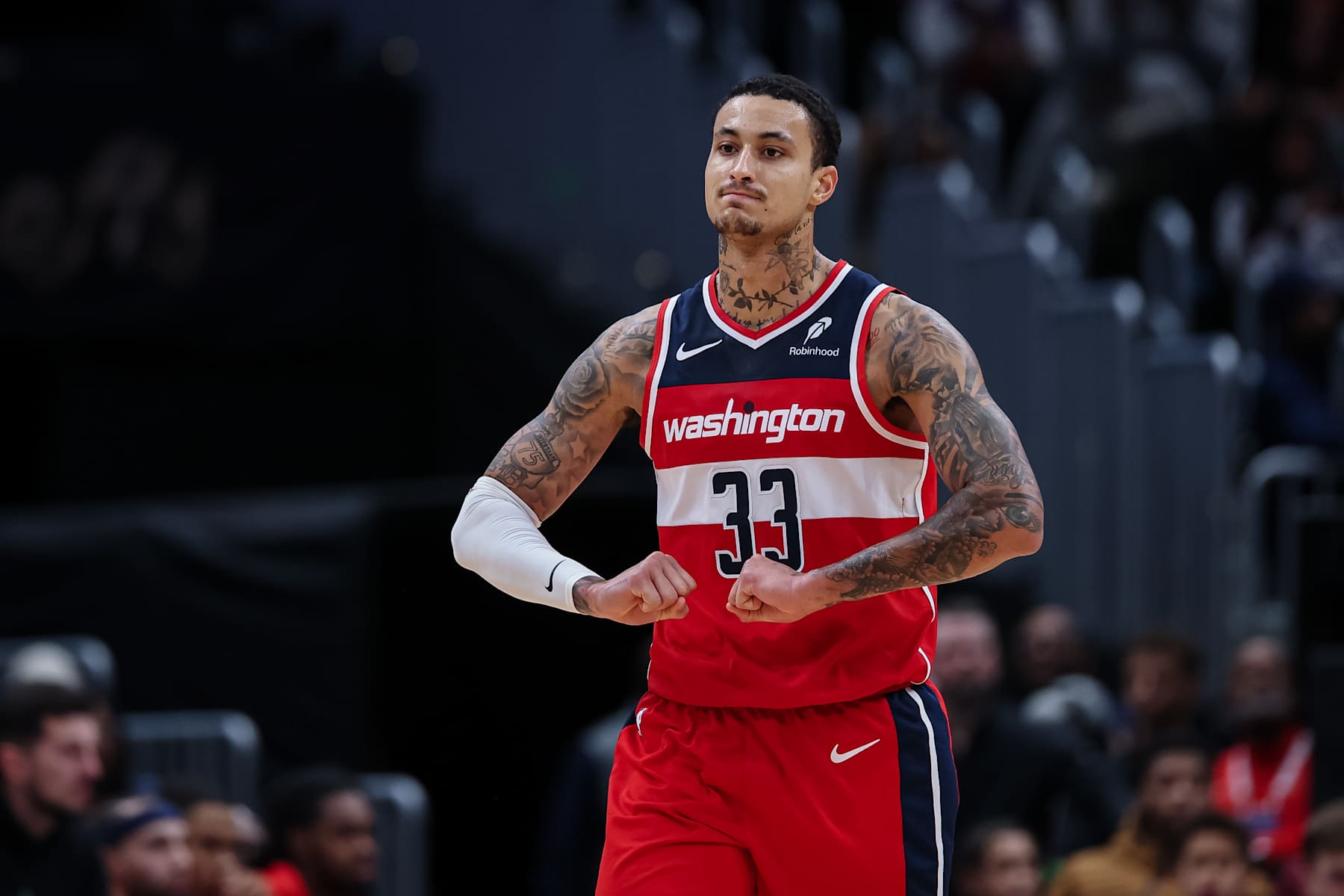 WASHINGTON, DC - JANUARY 05: Kyle Kuzma #33 of the Washington Wizards reacts to a play against the New Orleans Pelicans during the first half at Capital One Arena on January 5, 2025 in Washington, DC. NOTE TO USER: User expressly acknowledges and agrees that, by downloading and or using this photograph, User is consenting to the terms and conditions of the Getty Images License Agreement. (Photo by Scott Taetsch/Getty Images)