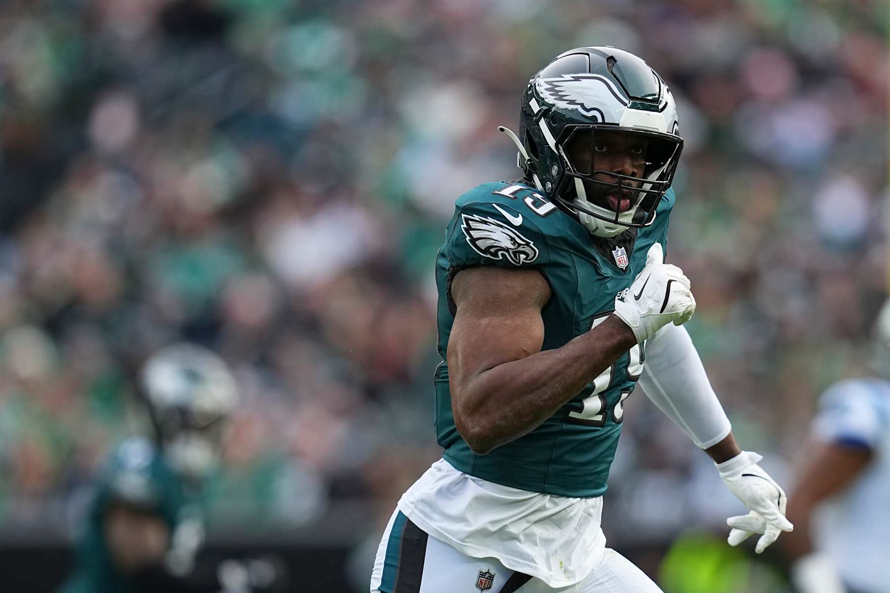 PHILADELPHIA, PENNSYLVANIA - DECEMBER 8: Josh Sweat #19 of the Philadelphia Eagles in action against the Carolina Panthers at Lincoln Financial Field on December 8, 2024 in Philadelphia, Pennsylvania. (Photo by Mitchell Leff/Getty Images)