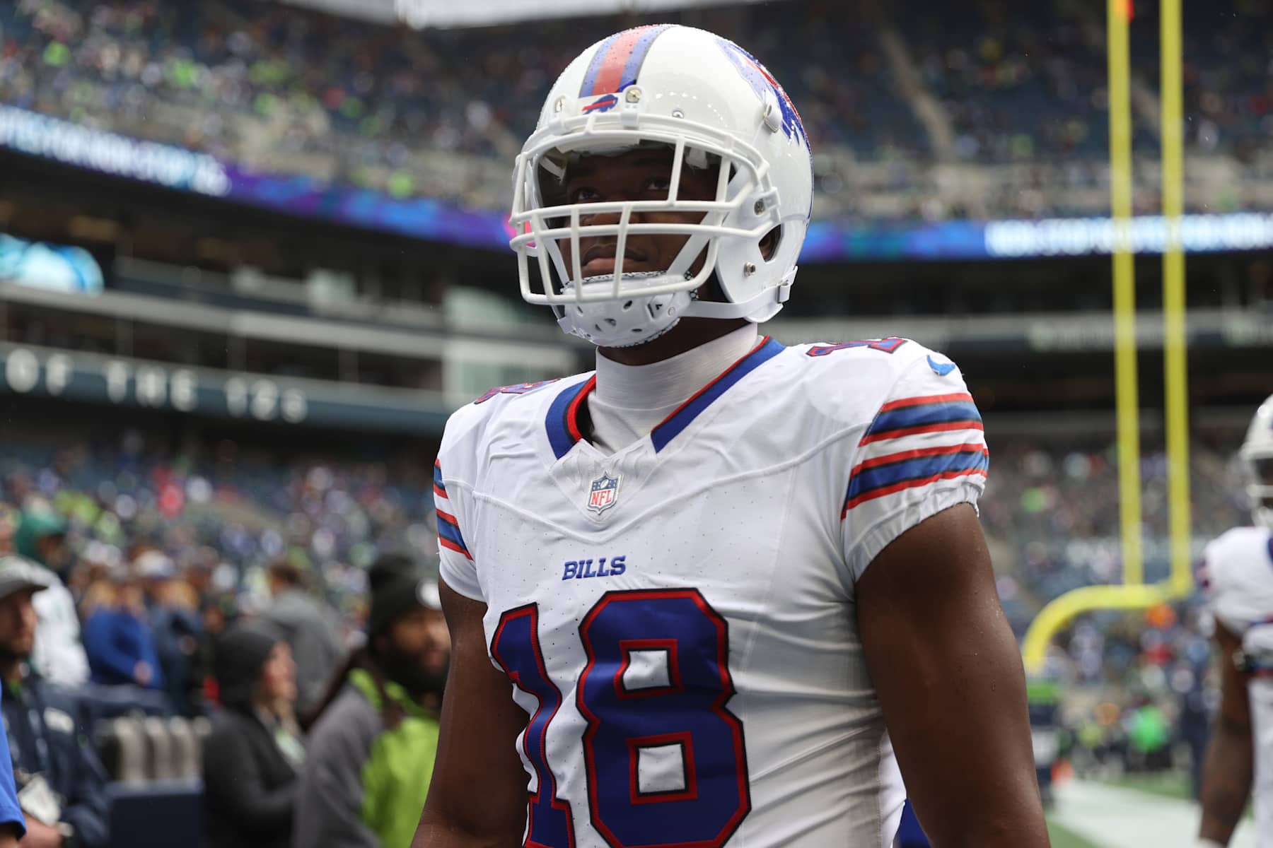SEATTLE, WASHINGTON - OCTOBER 27: Amari Cooper #18 of the Buffalo Bills is seen on the field prior to a game against the Seattle Seahawks at Lumen Field on October 27, 2024 in Seattle, Washington. (Photo by Steph Chambers/Getty Images)