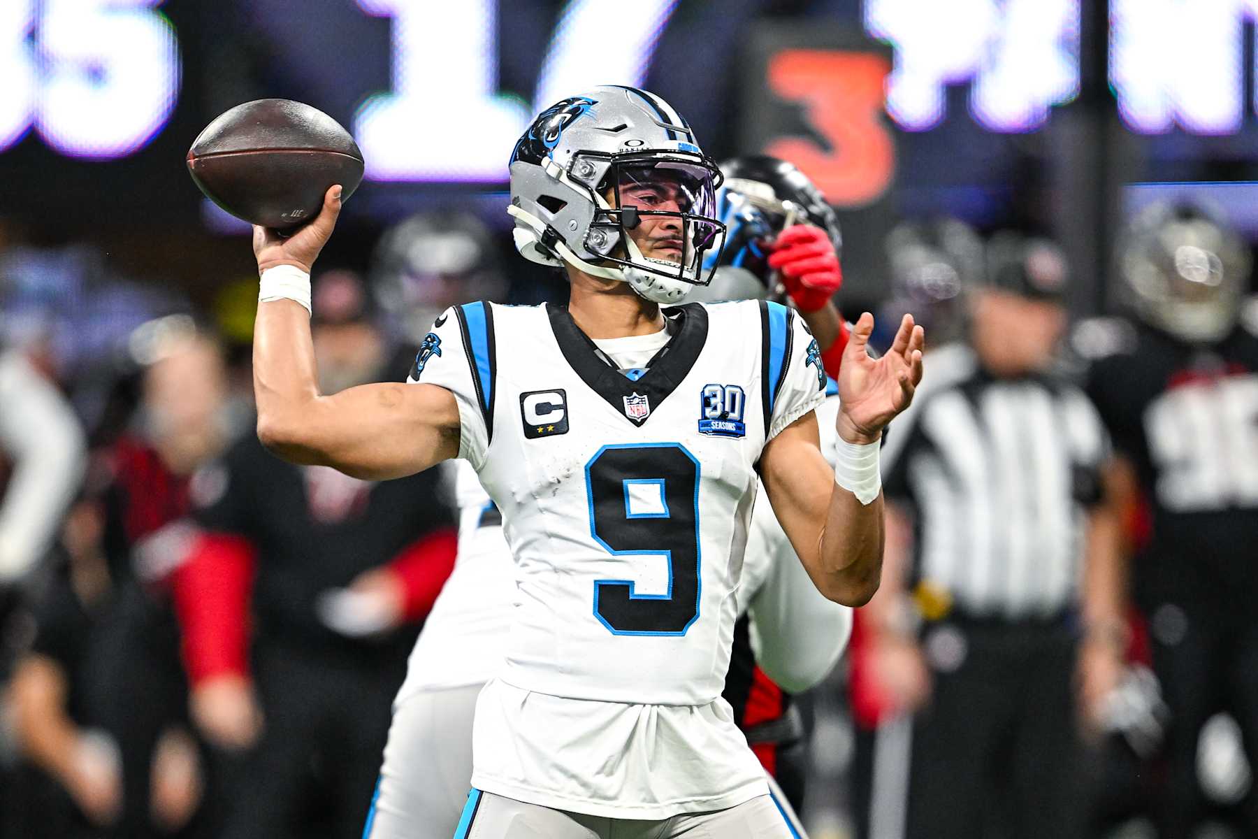 ATLANTA, GA  JANUARY 05:  Carolina quarterback Bryce Young (9) throws a pass during the NFL game between the Carolina Panthers and the Atlanta Falcons on January 5th, 2025 at Mercedes-Benz Stadium in Atlanta, GA.  (Photo by Rich von Biberstein/Icon Sportswire via Getty Images)
