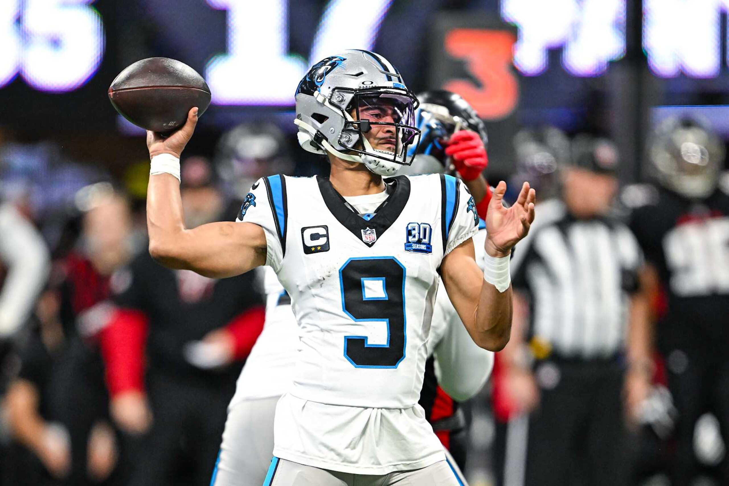 ATLANTA, GA JANUARY 05: Carolina quarterback Bryce Young (9) throws a pass during the NFL game between the Carolina Panthers and the Atlanta Falcons on January 5th, 2025 at Mercedes-Benz Stadium in Atlanta, GA. (Photo by Rich von Biberstein/Icon Sportswire via Getty Images) ATLANTA, GA JANUARY 05: Carolina quarterback Bryce Young (9) throws a pass during the NFL game between the Carolina Panthers and the Atlanta Falcons on January 5th, 2025 at Mercedes-Benz Stadium in Atlanta, GA. (Photo by Rich von Biberstein/Icon Sportswire via Getty Images)