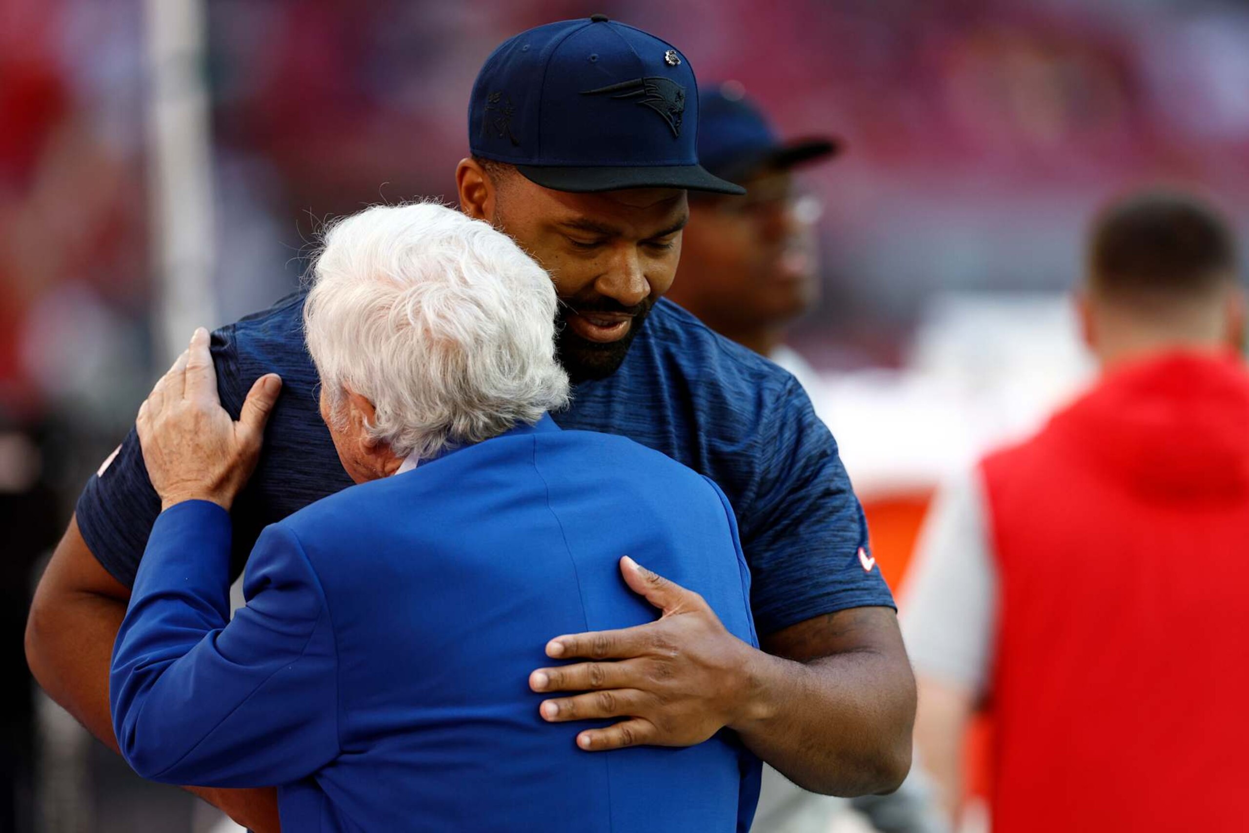 Glendale, AZ - December 15: New England Patriots head coach Jerod Mayo greets Patriots CEO Robert Kraft at State Farm Stadium. (Photo by Danielle Parhizkaran/The Boston Globe via Getty Images) Glendale, AZ - December 15: New England Patriots head coach Jerod Mayo greets Patriots CEO Robert Kraft at State Farm Stadium. (Photo by Danielle Parhizkaran/The Boston Globe via Getty Images)