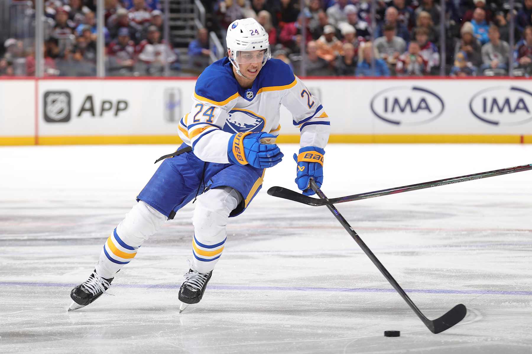 DENVER, COLORADO - JANUARY 02:  Dylan Cozens #24 of the Buffalo Sabres skates against the Colorado Avalanche at Ball Arena on January 2, 2025 in Denver, Colorado. (Photo by Michael Martin/NHLI via Getty Images)