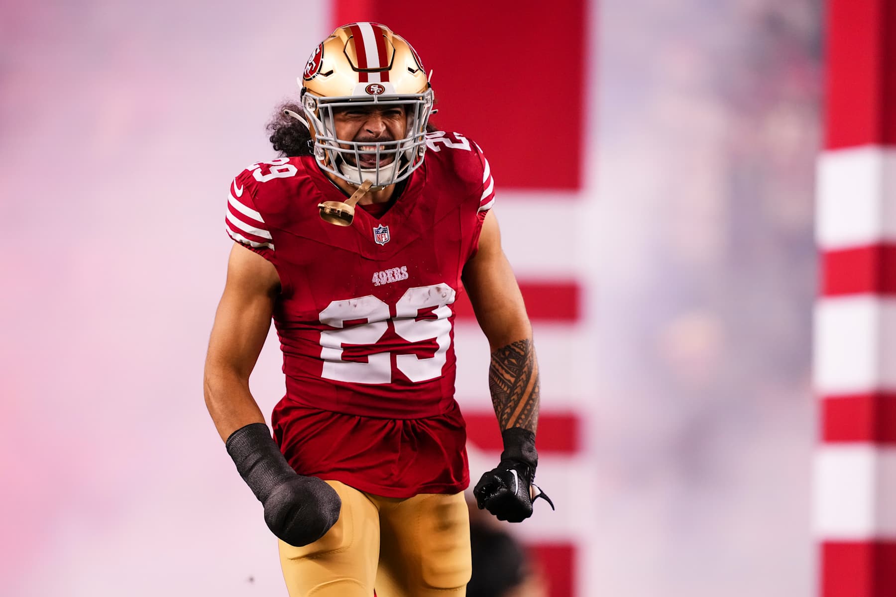 SANTA CLARA, CA - DECEMBER 12: Talanoa Hufanga #29 of the San Francisco 49ers runs out of the tunnel prior to an NFL football game against the Los Angeles Rams at Levi's Stadium on December 12, 2024 in Santa Clara, California. (Photo by Cooper Neill/Getty Images)