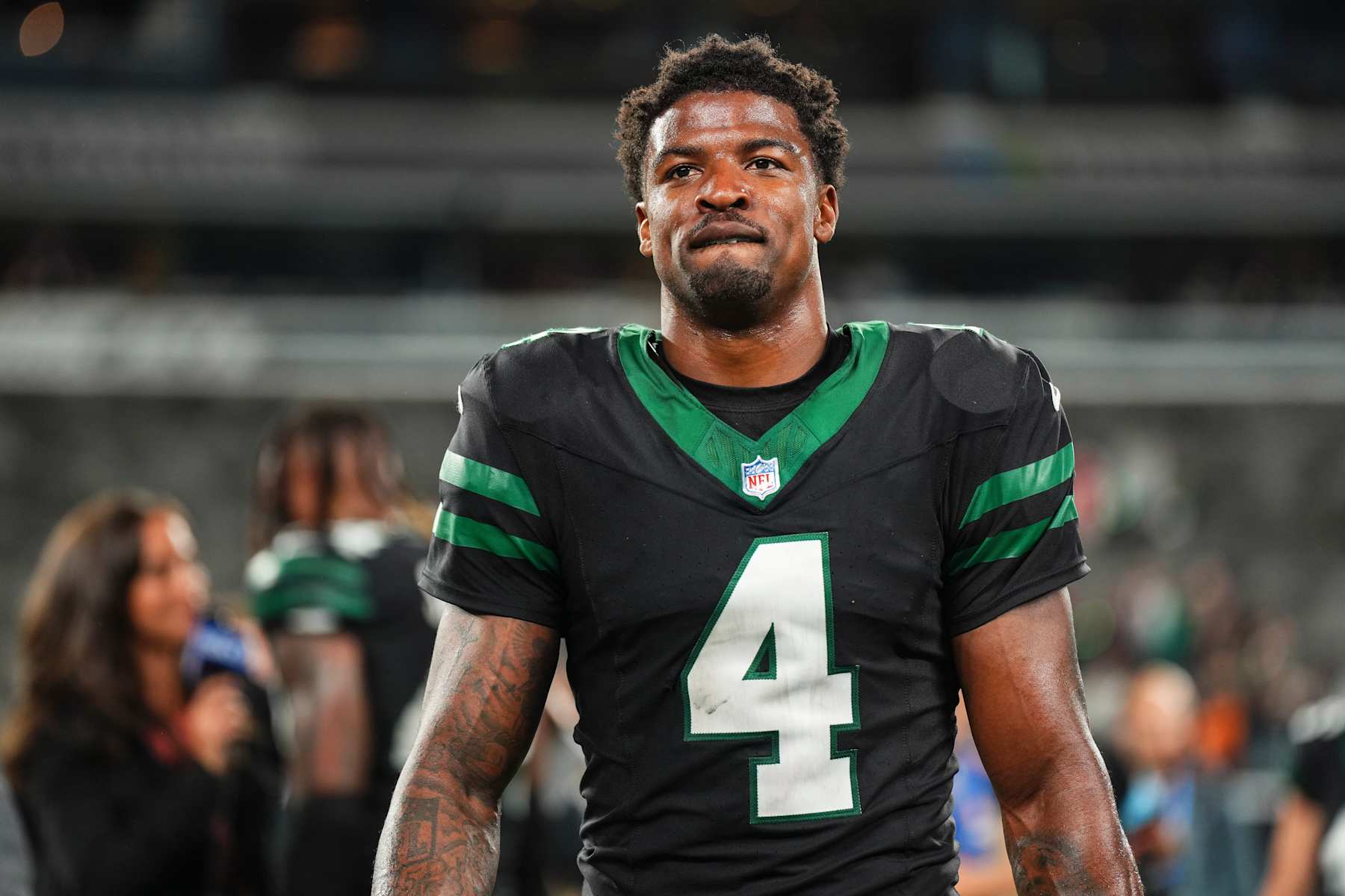 EAST RUTHERFORD, NJ - OCTOBER 31: D.J. Reed #4 of the New York Jets walks off of the field after an NFL football game against the Houston Texans at MetLife Stadium on October 31, 2024 in East Rutherford, New Jersey. (Photo by Cooper Neill/Getty Images)