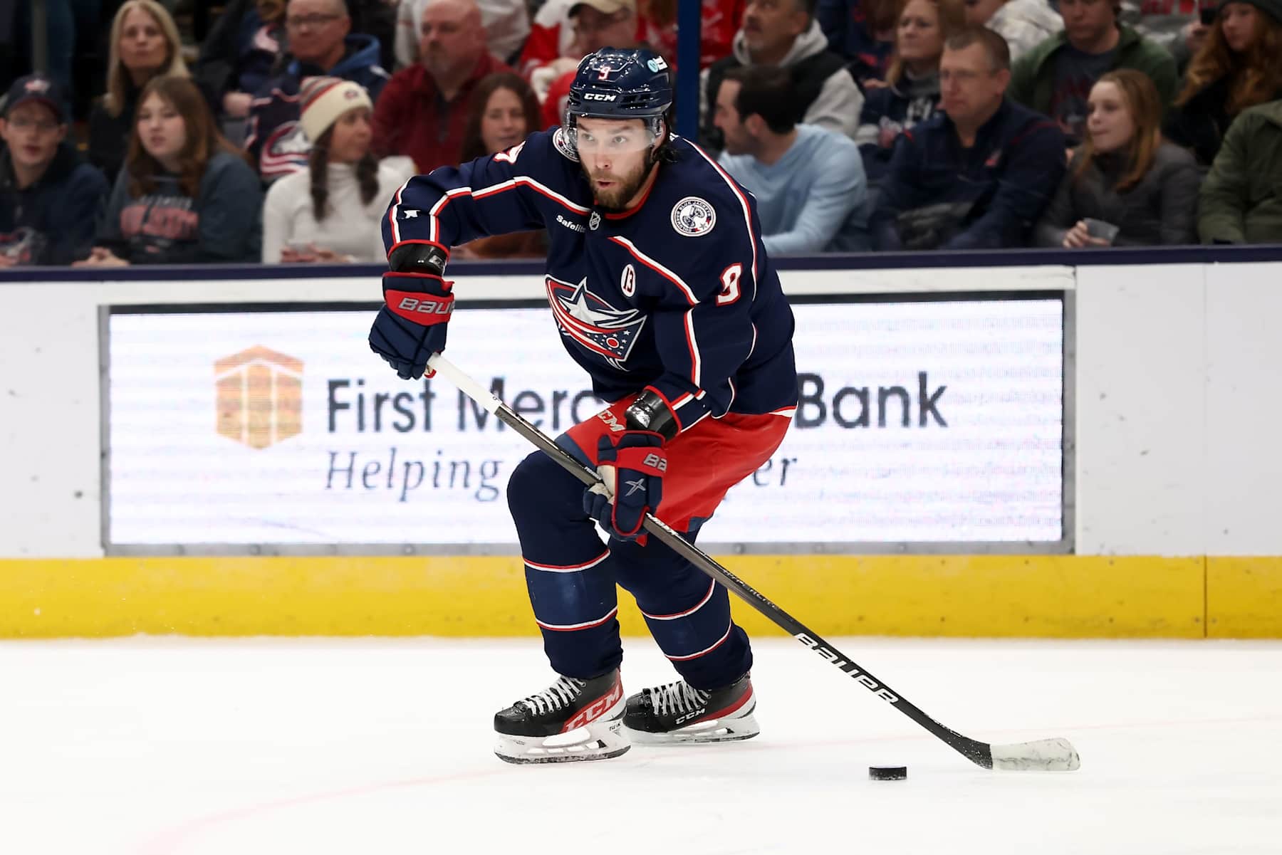 COLUMBUS, OHIO - JANUARY 2:  Ivan Provorov #9 of the Columbus Blue Jackets controls the puck during the game against the Detroit Red Wings at Nationwide Arena on January 2, 2025 in Columbus, Ohio. (Photo by Kirk Irwin/NHLI via Getty Images)