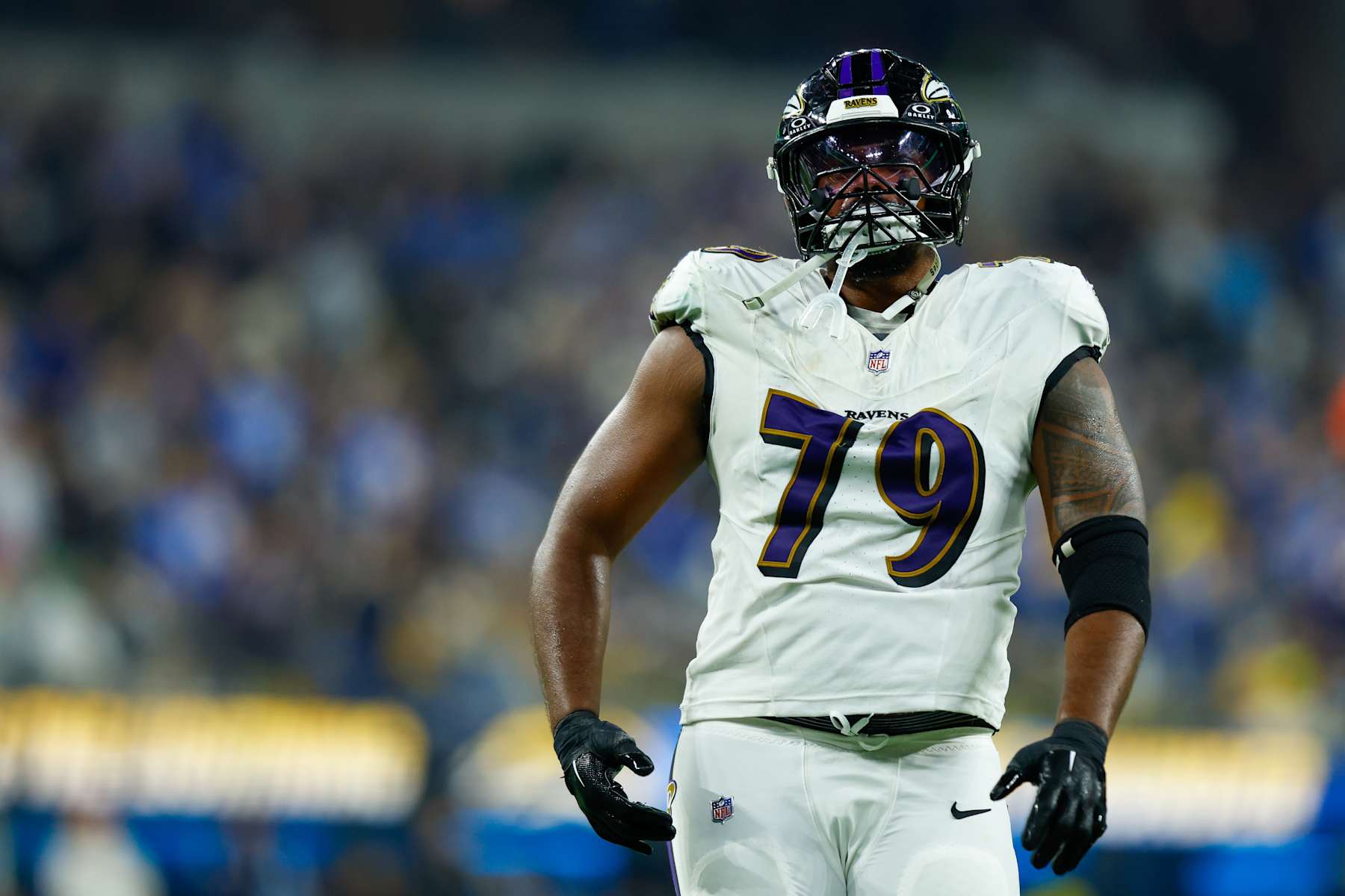 INGLEWOOD, CA - NOVEMBER 25: Baltimore Ravens offensive tackle Ronnie Stanley (79) runs off of the field during the NFL game between the Baltimore Ravens and the Los Angeles Chargers on November 25, 2024, at SoFi Stadium in Inglewood, CA. (Photo by Jordon Kelly/Icon Sportswire via Getty Images)
