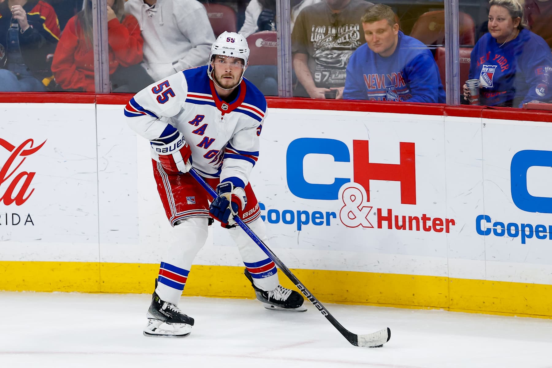 SUNRISE, FL - DECEMBER 30: New York Ranger Ryan Lindgren #55 in action during the game between New York Rangers and the Florida Panthers on Monday December 30, 2024, at Amerant Bank Arena in Sunrise, FL. (Photo by Chris Arjoon/Icon Sportswire via Getty Images)