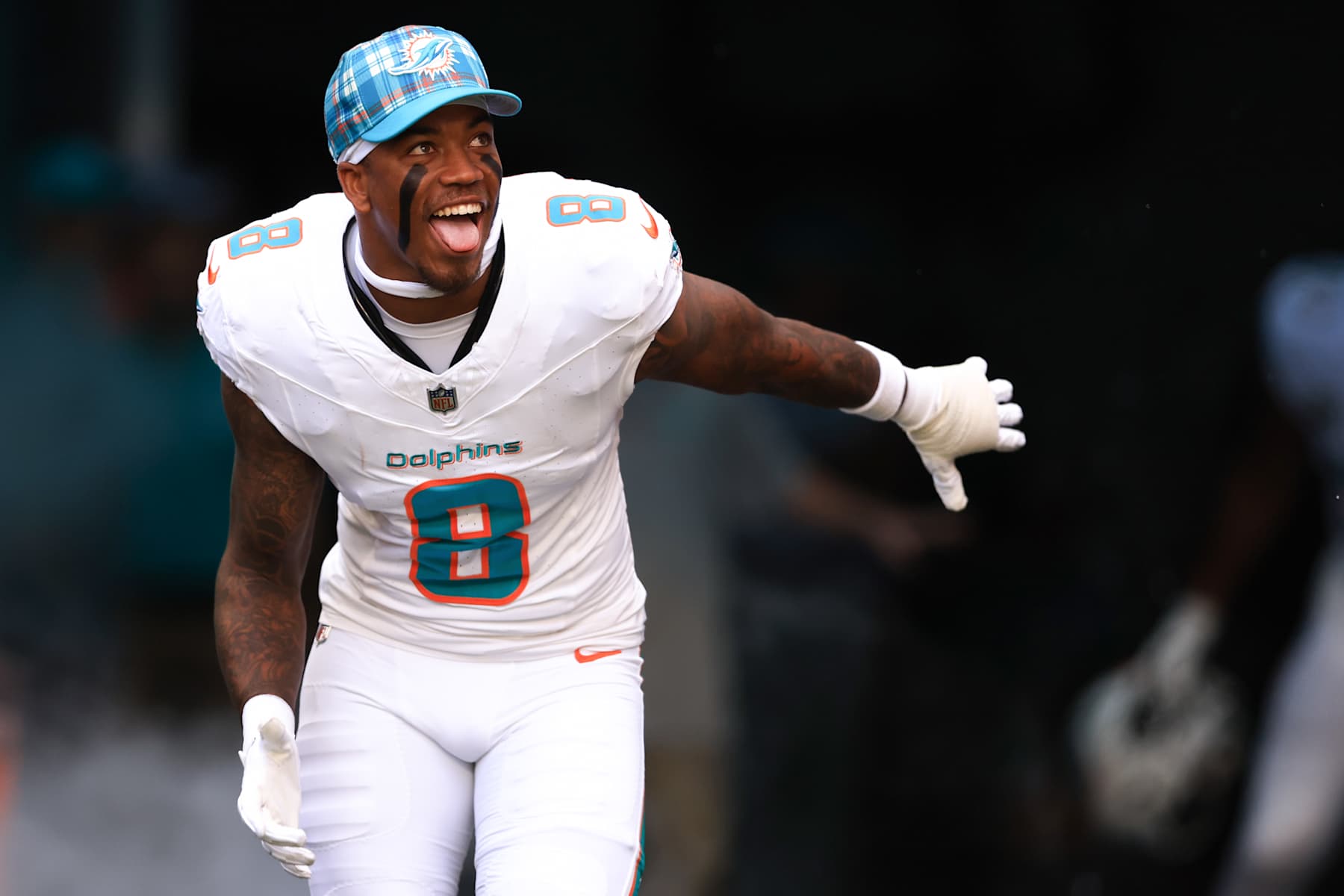 MIAMI GARDENS, FLORIDA - DECEMBER 08: Jevon Holland #8 of the Miami Dolphins is introduced prior to a game against the New York Jets at Hard Rock Stadium on December 08, 2024 in Miami Gardens, Florida. (Photo by Megan Briggs/Getty Images)