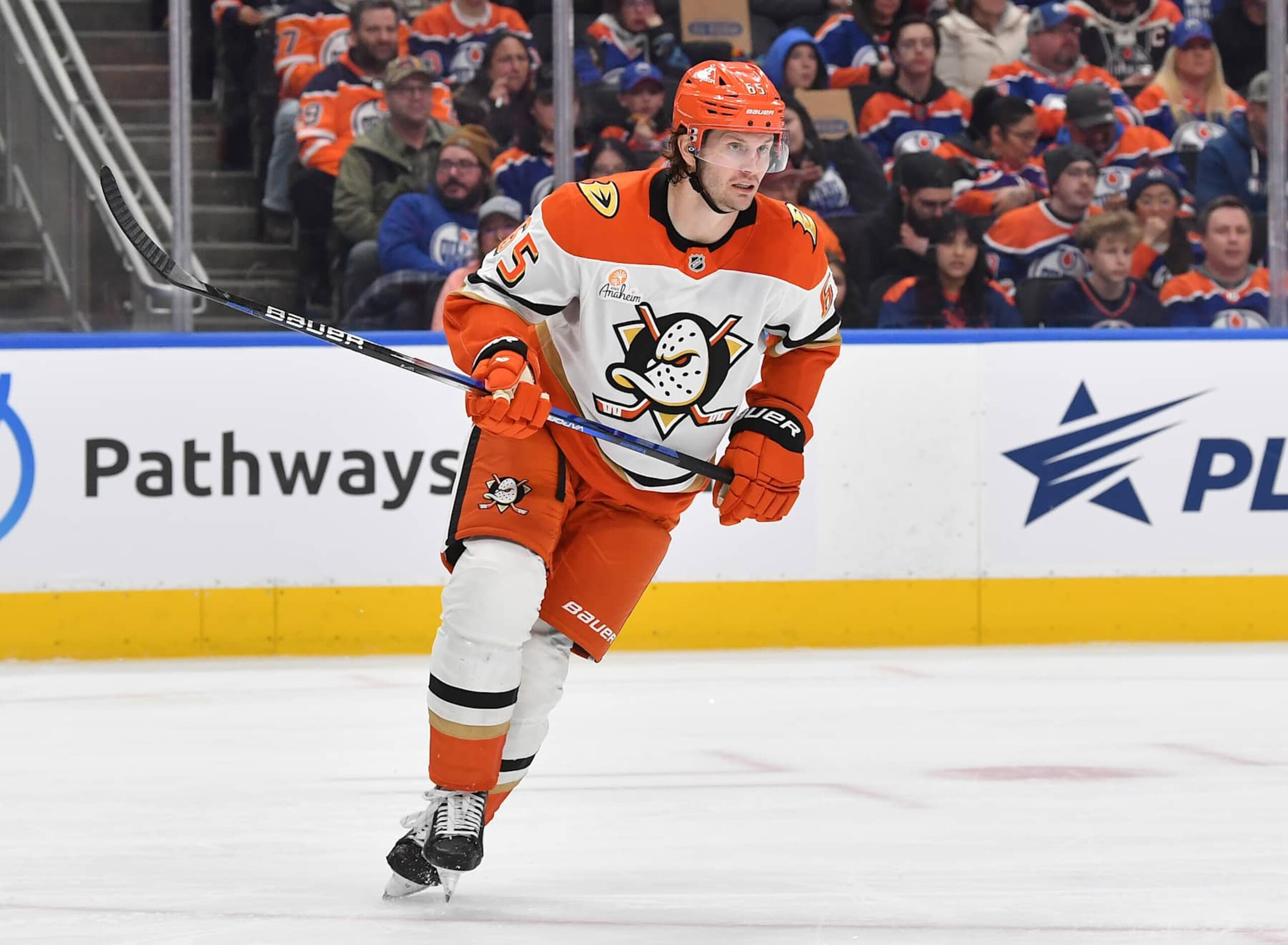 EDMONTON, CANADA - JANUARY 3: Jacob Trouba #65 of the Anaheim Ducks skates during the second period of the game against the Edmonton Oilers at Rogers Place on January 3, 2025, in Edmonton, Alberta, Canada. (Photo by Andy Devlin/NHLI via Getty Images)