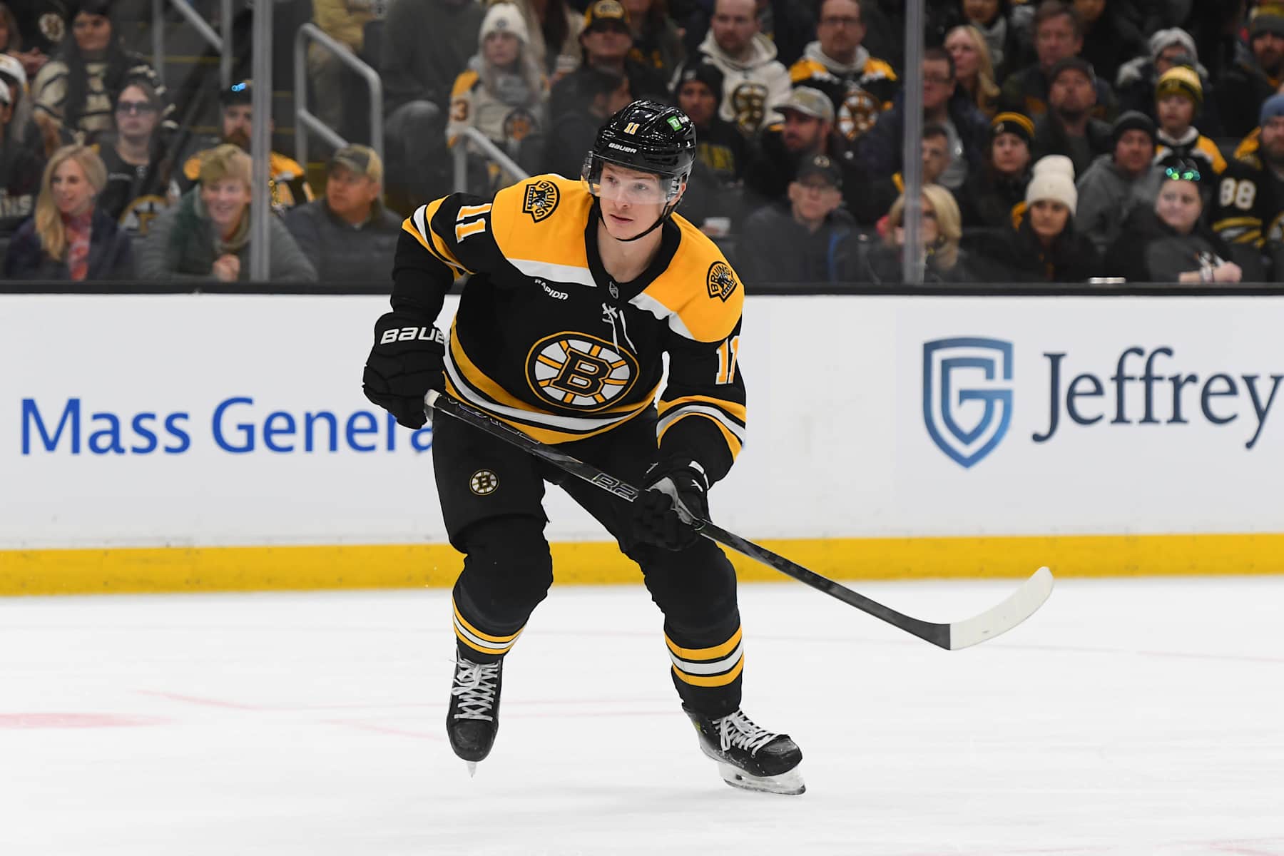 BOSTON, MASSACHUSETTS - JANUARY 5: Trent Frederic #11 of the Boston Bruins skates against the New York Islanders on January 5, 2025, at the TD Garden in Boston, Massachusetts. (Photo by Steve Babineau/NHLI via Getty Images)