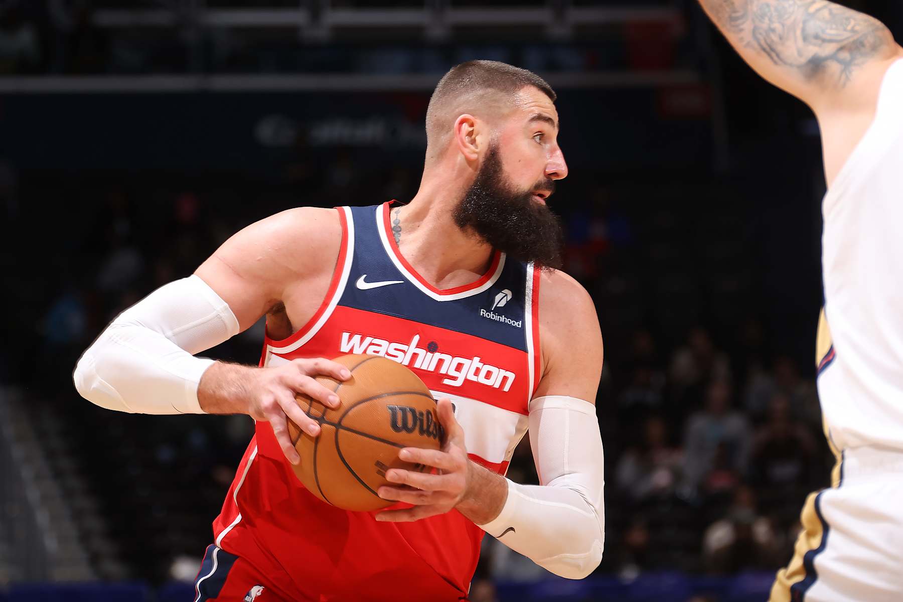 WASHINGTON, DC -  JANUARY 5: Jonas Valanciunas #17 of the Washington Wizards handles the ball during the game against the New Orleans Pelicans on January 5, 2025 at Capital One Arena in Washington, DC. NOTE TO USER: User expressly acknowledges and agrees that, by downloading and or using this Photograph, user is consenting to the terms and conditions of the Getty Images License Agreement. Mandatory Copyright Notice: Copyright 2025 NBAE (Photo by Kenny Giarla/NBAE via Getty Images)