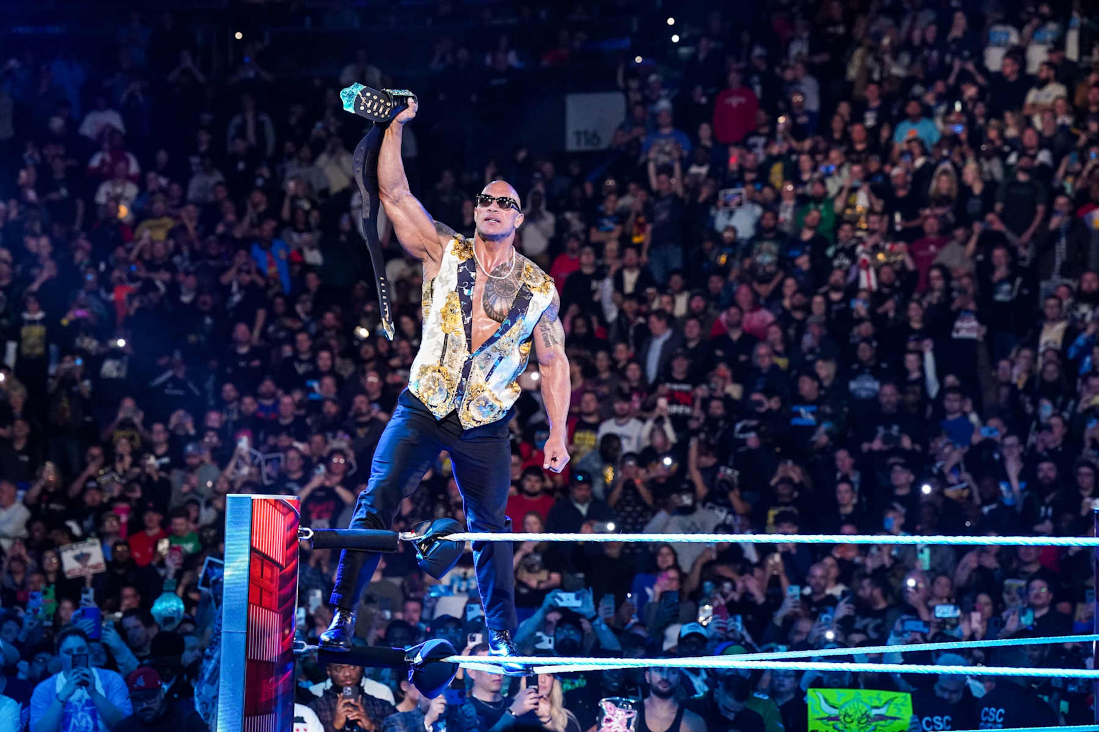 PHILADELPHIA, PENNSYLVANIA - APRIL 08: Dwayne "The Rock" Johnson stands in ring at the Wells Fargo Center on April 8, 2024 in Philadelphia, Pennsylvania. (Photo by WWE/Getty Images) PHILADELPHIA, PENNSYLVANIA - APRIL 08: Dwayne "The Rock" Johnson stands in ring at the Wells Fargo Center on April 8, 2024 in Philadelphia, Pennsylvania. (Photo by WWE/Getty Images)