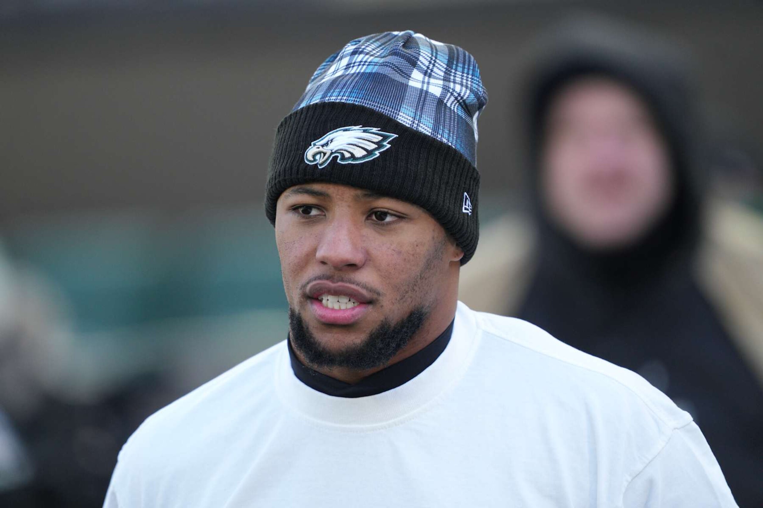 PHILADELPHIA, PA - JANUARY 05: Philadelphia Eagles running back Saquon Barkley (26) looks on during the game between the Philadelphia Eagles and the New York Giants on January 5, 2025 at Lincoln Financial Field in Philadelphia, PA.(Photo by Andy Lewis/Icon Sportswire via Getty Images) PHILADELPHIA, PA - JANUARY 05: Philadelphia Eagles running back Saquon Barkley (26) looks on during the game between the Philadelphia Eagles and the New York Giants on January 5, 2025 at Lincoln Financial Field in Philadelphia, PA.(Photo by Andy Lewis/Icon Sportswire via Getty Images)