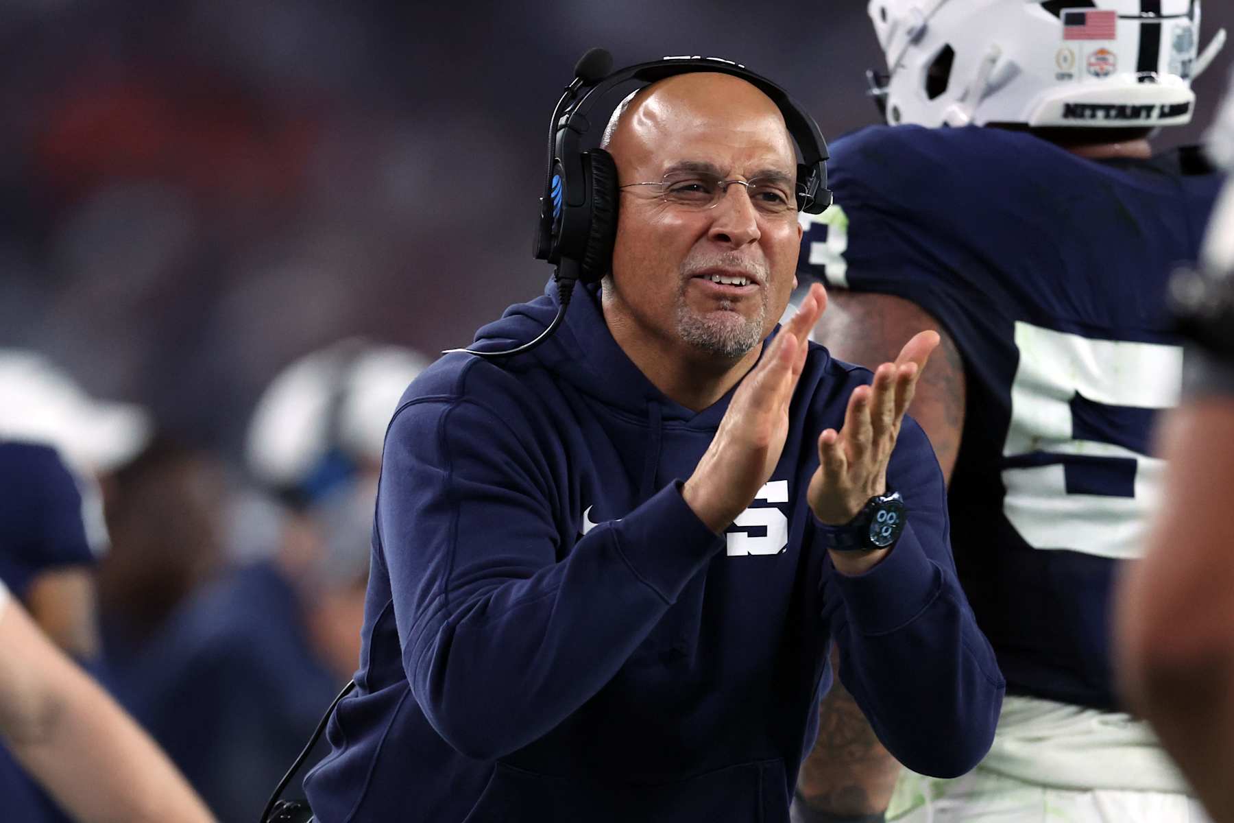 GLENDALE, ARIZONA - DECEMBER 31: Head coach James Franklin of the Penn State Nittany Lions  reacts after a touchdown during the Vrbo Fiesta Bowl against the Boise State Broncos at State Farm Stadium on December 31, 2024 in Glendale, Arizona. The Nittany Lions defeated the Broncos 31-14. (Photo by Chris Coduto/Getty Images)
