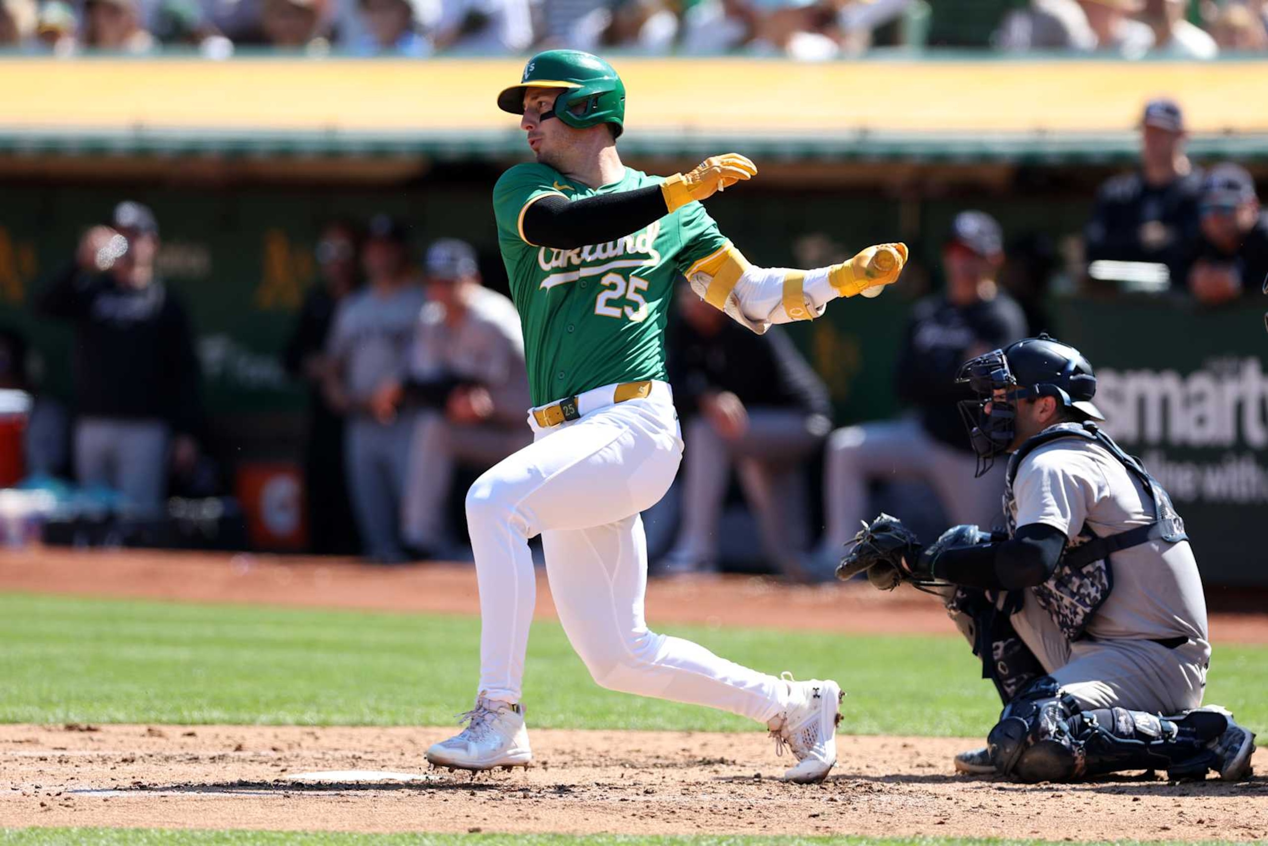 OAKLAND, CA - SEPTEMBER 22: Brent Rooker #25 of the Oakland Athletics bats during the game against the New York Yankees at the Oakland Coliseum on September 22, 2024 in Oakland California. The Yankees defeated the Athletics 7-4. (Photo by Rob Leiter/MLB Photos via Getty Images) OAKLAND, CA - SEPTEMBER 22: Brent Rooker #25 of the Oakland Athletics bats during the game against the New York Yankees at the Oakland Coliseum on September 22, 2024 in Oakland California. The Yankees defeated the Athletics 7-4. (Photo by Rob Leiter/MLB Photos via Getty Images)