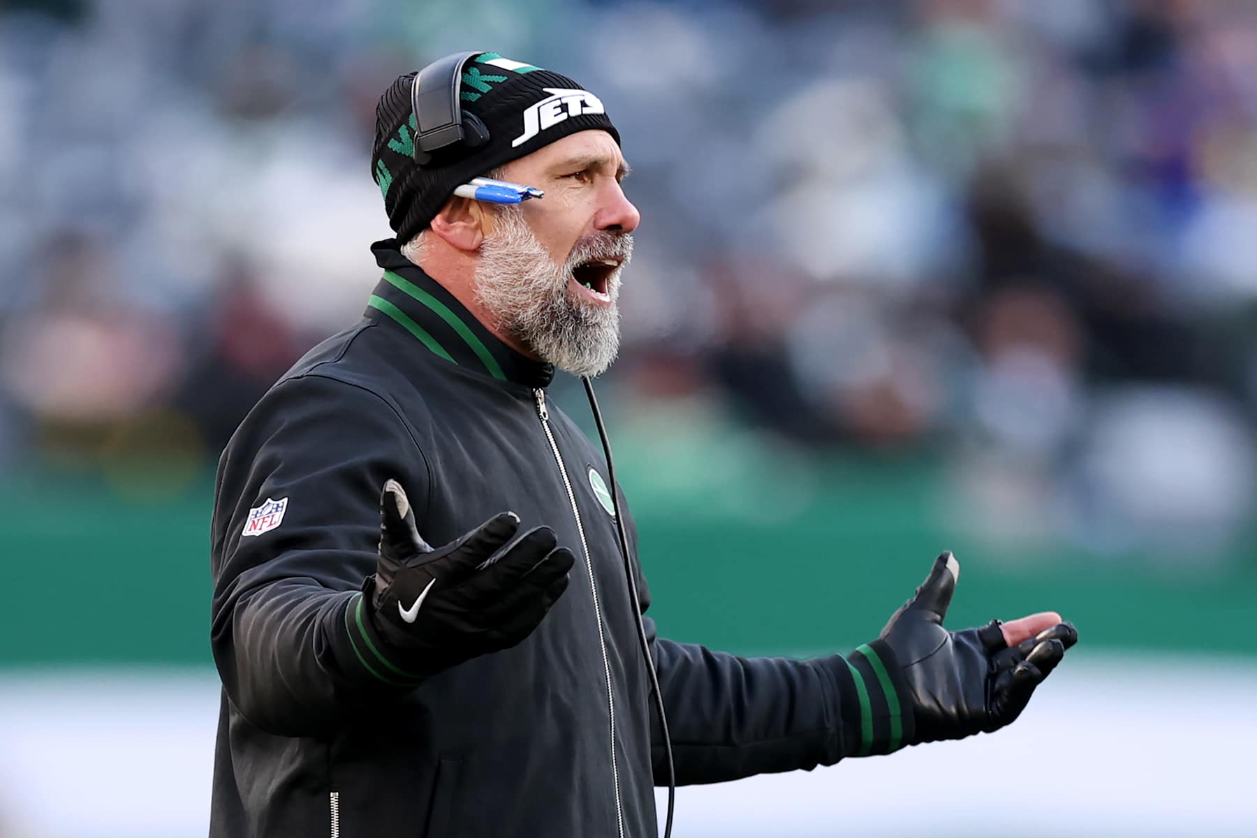 EAST RUTHERFORD, NEW JERSEY - DECEMBER 22: Interim head coach Jeff Ulbrich of the New York Jets reacts during a game against the Los Angeles Rams at MetLife Stadium on December 22, 2024 in East Rutherford, New Jersey. (Photo by Emilee Chinn/Getty Images)