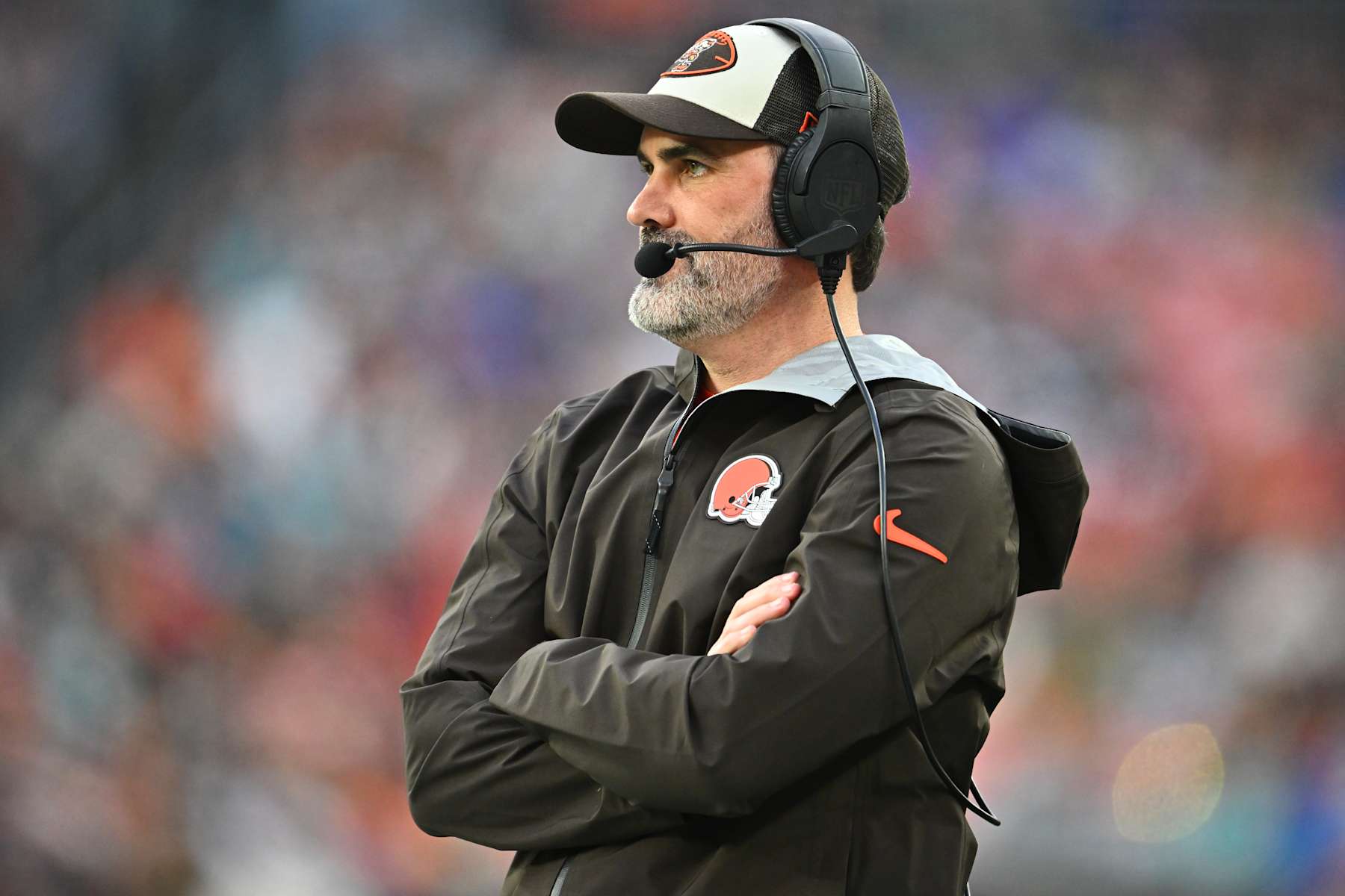 CLEVELAND, OHIO - DECEMBER 29: Head coach Kevin Stefanski of the Cleveland Browns looks on during the first quarter against the Miami Dolphins at Huntington Bank Field on December 29, 2024 in Cleveland, Ohio. (Photo by Jason Miller/Getty Images)