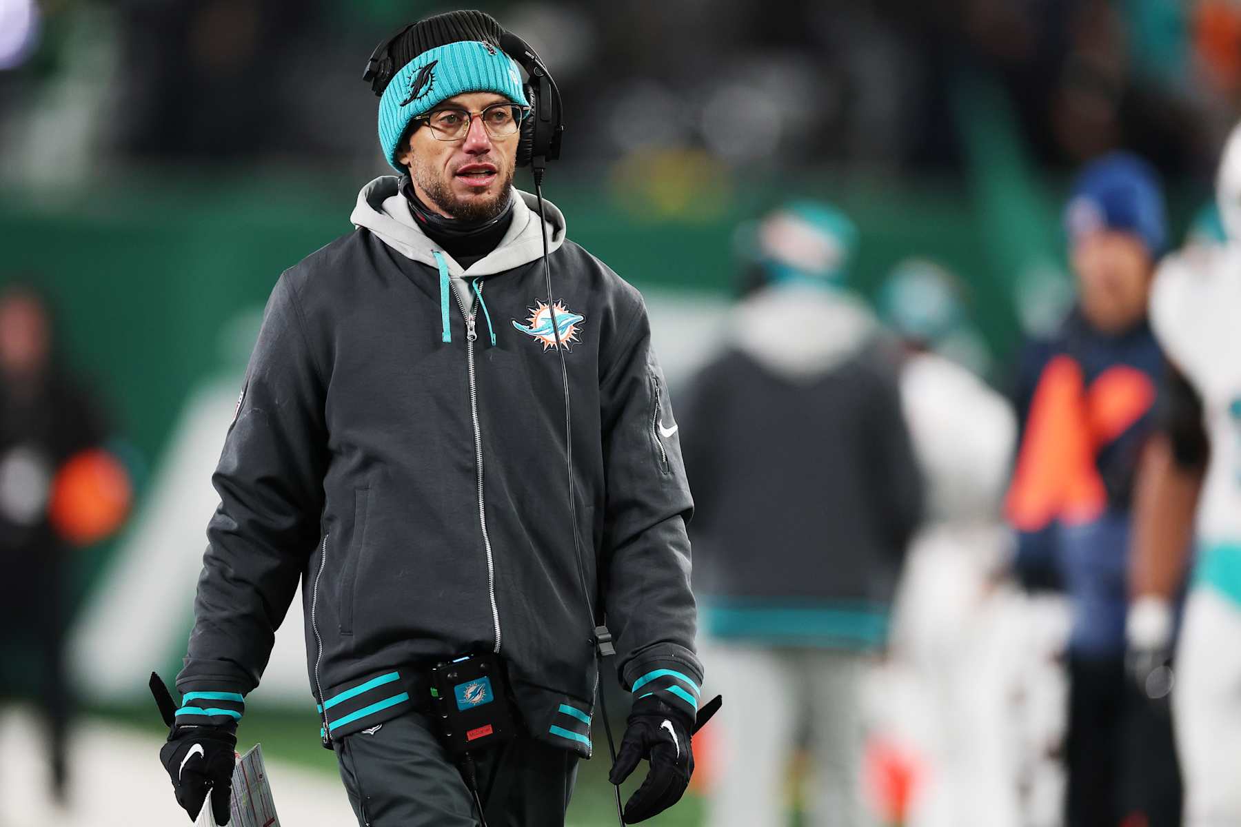 EAST RUTHERFORD, NEW JERSEY - JANUARY 05: Head coach Mike McDaniel of the Miami Dolphins looks on during the fourth quarter against the New York Jets at MetLife Stadium on January 05, 2025 in East Rutherford, New Jersey. (Photo by Al Bello/Getty Images)