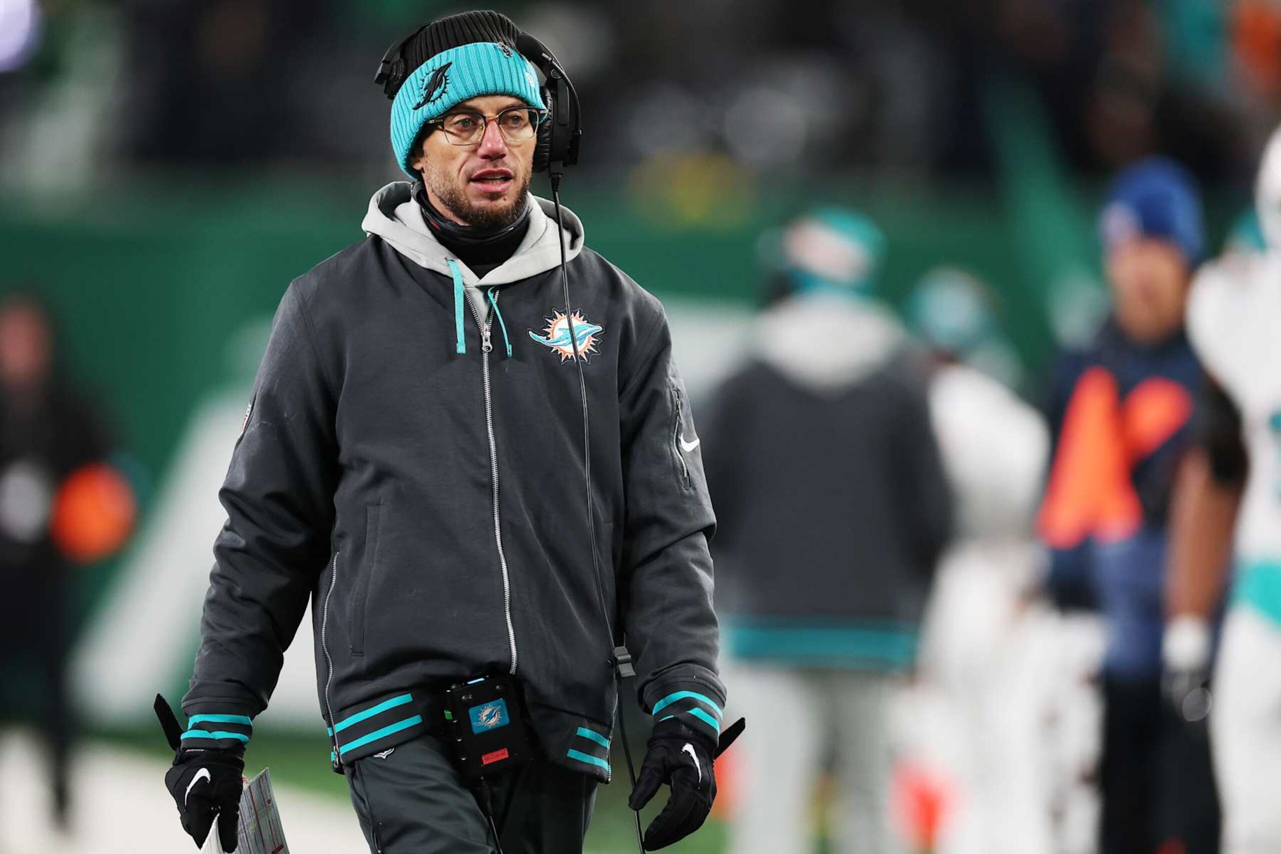 EAST RUTHERFORD, NEW JERSEY - JANUARY 05: Head coach Mike McDaniel of the Miami Dolphins looks on during the fourth quarter against the New York Jets at MetLife Stadium on January 05, 2025 in East Rutherford, New Jersey. (Photo by Al Bello/Getty Images)
