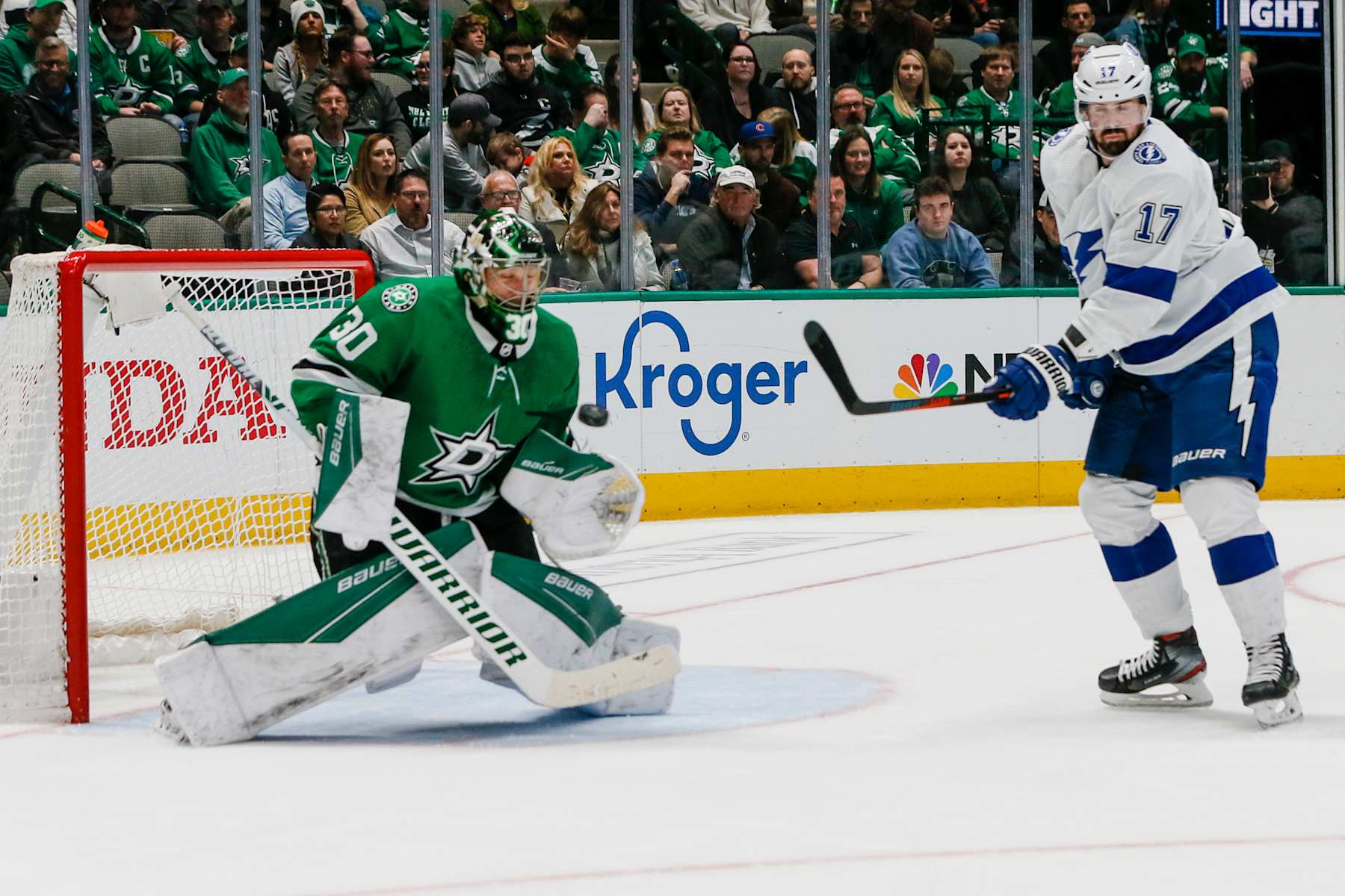 DALLAS, TX - JANUARY 27: Dallas Stars goaltender Ben Bishop (30) blocks a shot during the game between the Dallas Stars and the Tampa Bay Lightning on January 27, 2020 at the American Airlines Center in Dallas, Texas. (Photo by Matthew Pearce/Icon Sportswire via Getty Images)