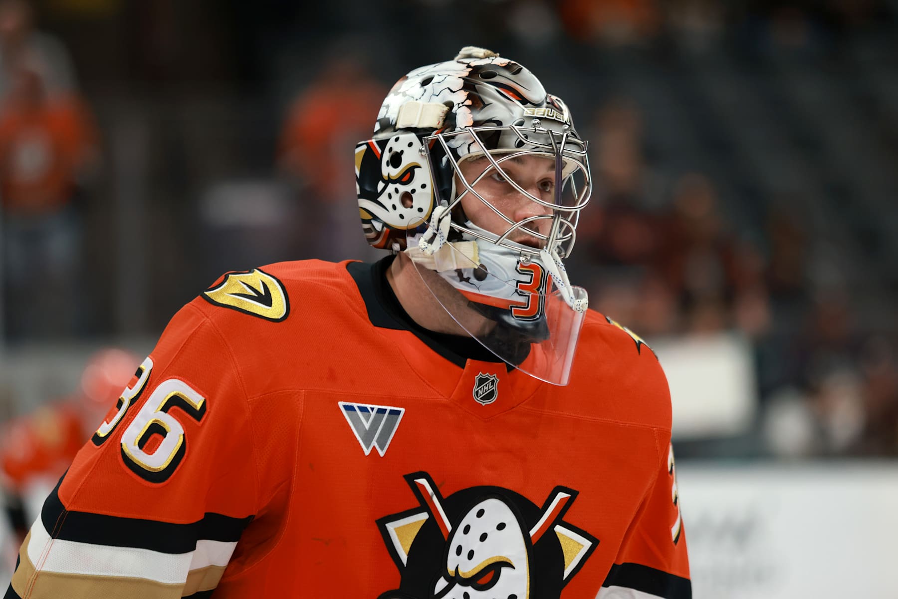 ANAHEIM, CALIFORNIA - DECEMBER 20: John Gibson #36 of the Anaheim Ducks looks on at warmups before the game against the Colorado Avalanche at Honda Center on December 20, 2024 in Anaheim, California. (Photo by Nicole Vasquez /NHLI via Getty Images )