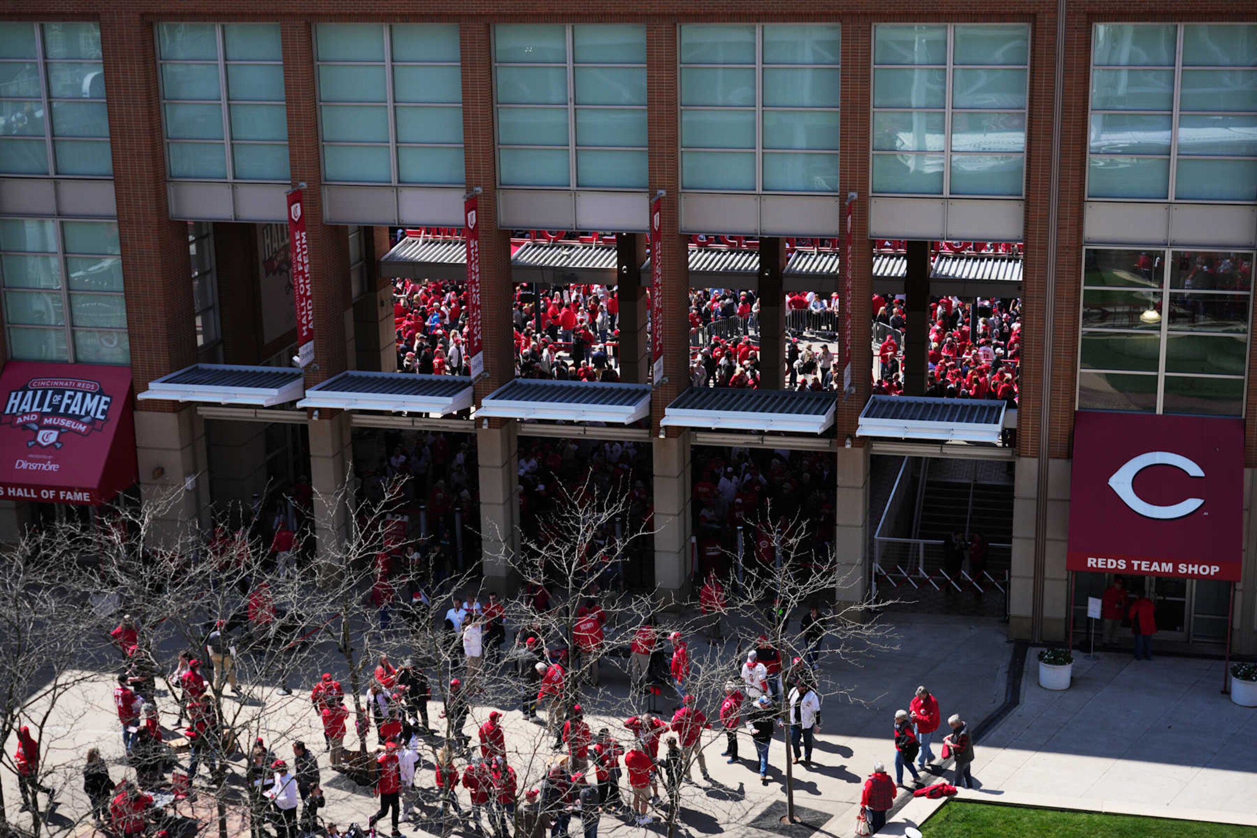 CINCINNATI, OH - MARCH 28: Overhead view of fans outside of Great American Ball Park prior to the game between the Washington Nationals and the Cincinnati Reds at Great American Ball Park on Thursday, March 28, 2024 in Cincinnati, Ohio. (Photo by Aaron Doster/MLB Photos via Getty Images) CINCINNATI, OH - MARCH 28: Overhead view of fans outside of Great American Ball Park prior to the game between the Washington Nationals and the Cincinnati Reds at Great American Ball Park on Thursday, March 28, 2024 in Cincinnati, Ohio. (Photo by Aaron Doster/MLB Photos via Getty Images)