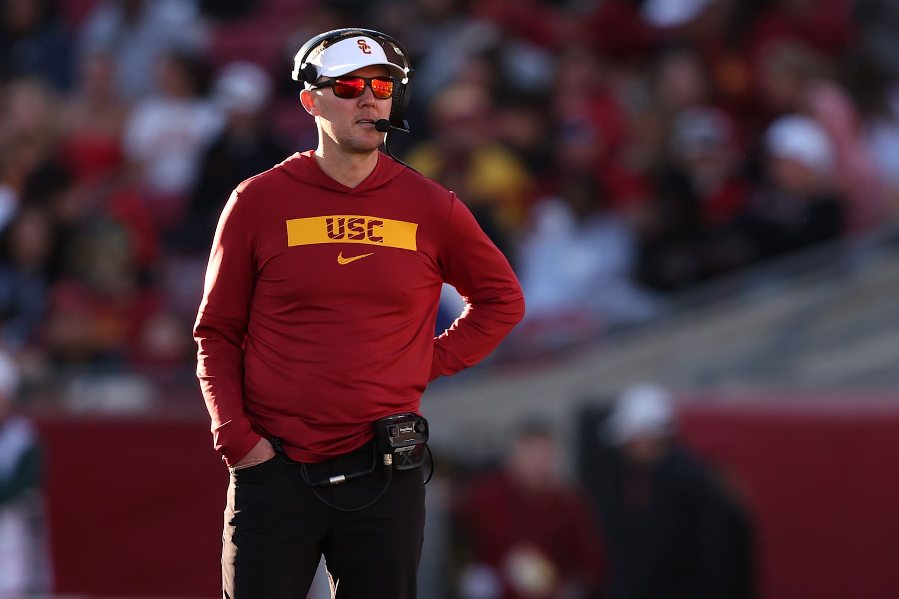 LOS ANGELES, CALIFORNIA - NOVEMBER 16: Head Coach Lincoln Riley of the USC Trojans looks on during the second half of a game against the Nebraska Cornhuskers at United Airlines Field at the Los Angeles Memorial Coliseum on November 16, 2024 in Los Angeles, California.  (Photo by Sean M. Haffey/Getty Images)