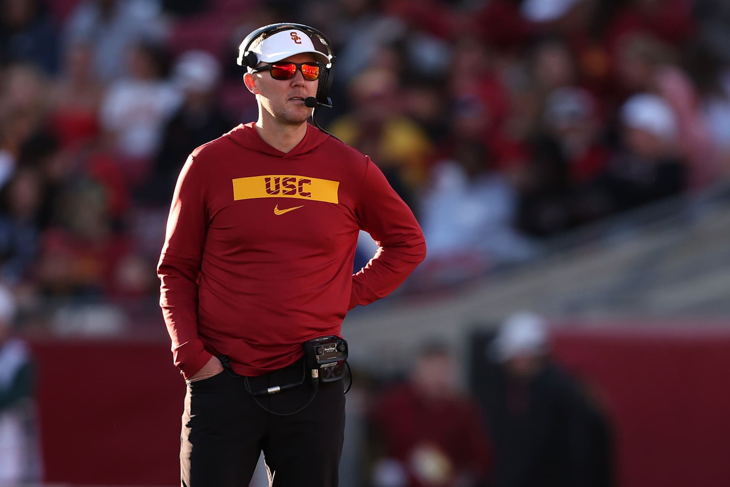 LOS ANGELES, CALIFORNIA - NOVEMBER 16: Head Coach Lincoln Riley of the USC Trojans looks on during the second half of a game against the Nebraska Cornhuskers at United Airlines Field at the Los Angeles Memorial Coliseum on November 16, 2024 in Los Angeles, California. (Photo by Sean M. Haffey/Getty Images) LOS ANGELES, CALIFORNIA - NOVEMBER 16: Head Coach Lincoln Riley of the USC Trojans looks on during the second half of a game against the Nebraska Cornhuskers at United Airlines Field at the Los Angeles Memorial Coliseum on November 16, 2024 in Los Angeles, California. (Photo by Sean M. Haffey/Getty Images)