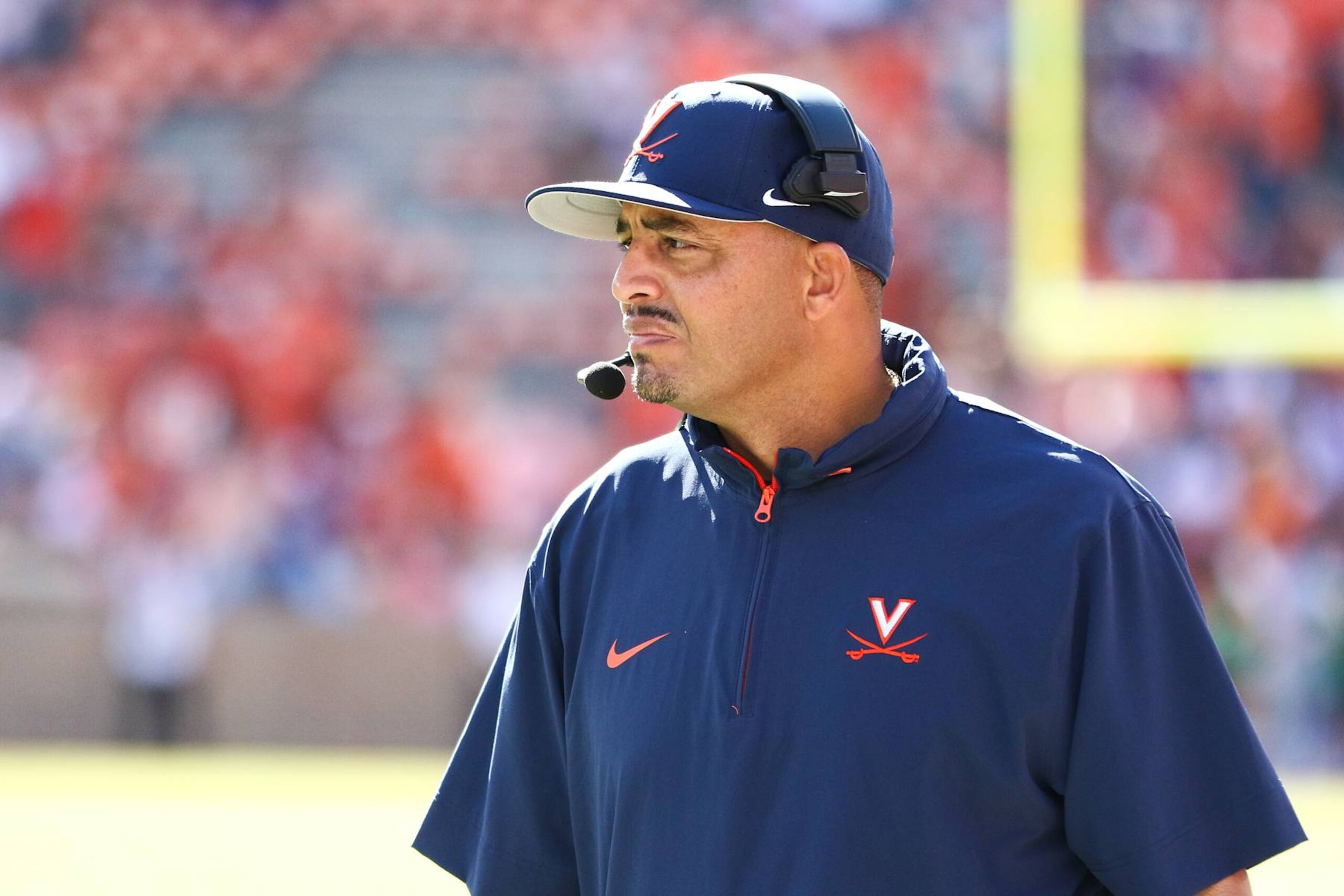 CLEMSON, SOUTH CAROLINA - OCTOBER 19: Head coach Tony Elliott of the Virginia Cavaliers looks on during the fourth quarter against the Clemson Tigers at Memorial Stadium on October 19, 2024 in Clemson, South Carolina. (Photo by Isaiah Vazquez/Getty Images) CLEMSON, SOUTH CAROLINA - OCTOBER 19: Head coach Tony Elliott of the Virginia Cavaliers looks on during the fourth quarter against the Clemson Tigers at Memorial Stadium on October 19, 2024 in Clemson, South Carolina. (Photo by Isaiah Vazquez/Getty Images)