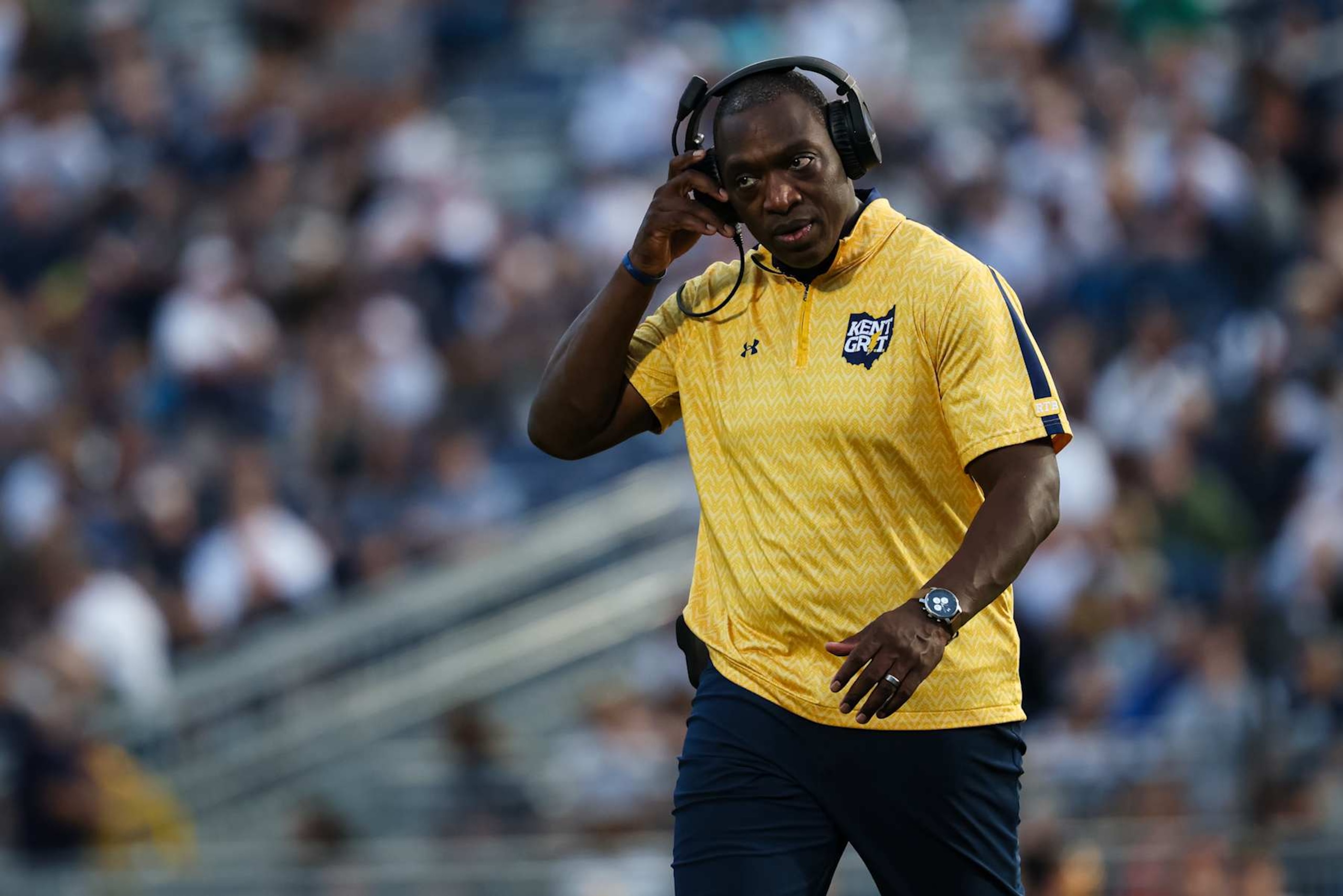 STATE COLLEGE, PA - SEPTEMBER 21: Head coach Kenni Burns of the Kent State Golden Flashes looks on against the Penn State Nittany Lions during the second half at Beaver Stadium on September 21, 2024 in State College, Pennsylvania. (Photo by Scott Taetsch/Getty Images) STATE COLLEGE, PA - SEPTEMBER 21: Head coach Kenni Burns of the Kent State Golden Flashes looks on against the Penn State Nittany Lions during the second half at Beaver Stadium on September 21, 2024 in State College, Pennsylvania. (Photo by Scott Taetsch/Getty Images)
