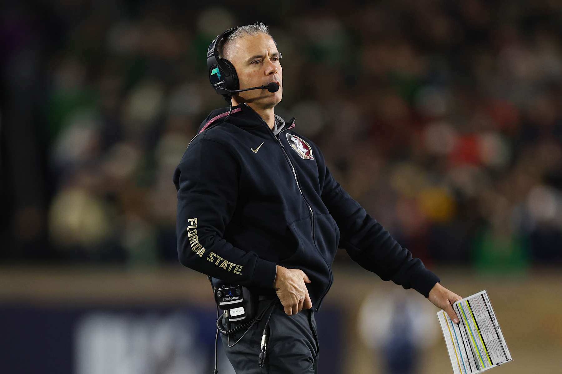 SOUTH BEND, INDIANA - NOVEMBER 09: Head coach Mike Norvell of the Florida State Seminoles looks on against the Notre Dame Fighting Irish during the first half at Notre Dame Stadium on November 09, 2024 in South Bend, Indiana. (Photo by Michael Reaves/Getty Images)