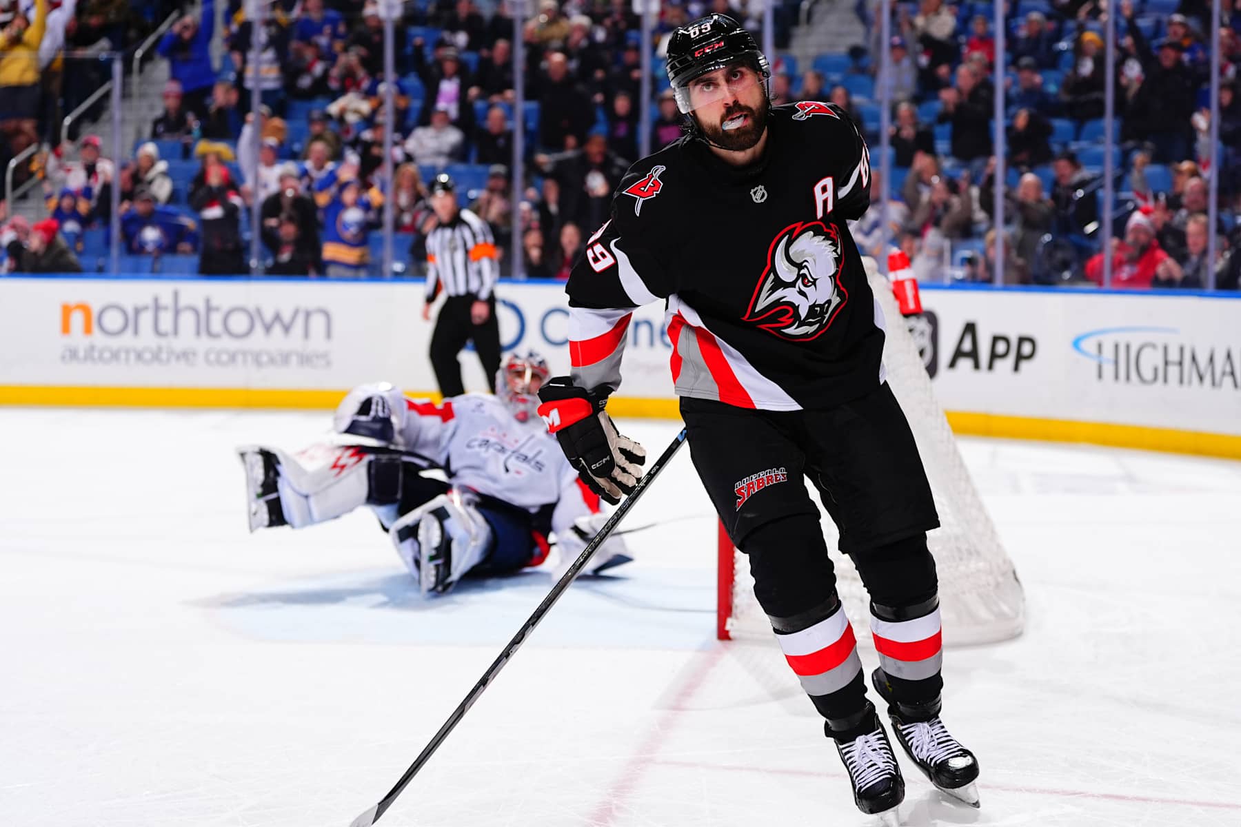 BUFFALO, NEW YORK - JANUARY 6: Alex Tuch #89 of the Buffalo Sabres looks on after scoring a goal in a shootout against the Washington Capitals during an NHL game on January 6, 2025 at KeyBank Center in Buffalo, New York. (Photo by Ben Ludeman/NHLI via Getty Images)