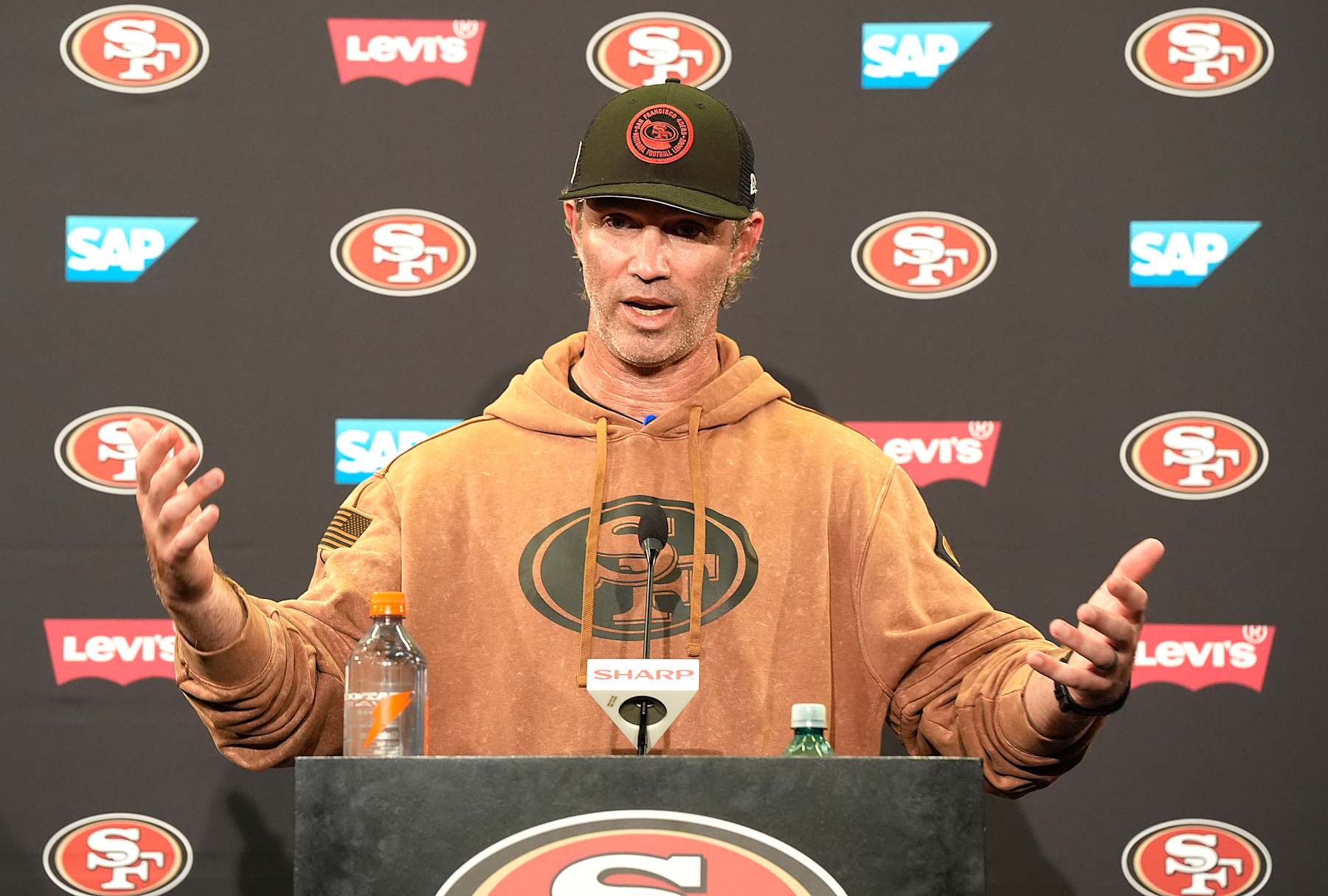 SANTA CLARA, CALIFORNIA - JUNE 05: Defensive coordinator Nick Sorensen of the San Francisco 49ers speaks to the media during a press conference at mini camp on June 05, 2024 in Santa Clara, California. (Photo by Thearon W. Henderson/Getty Images)