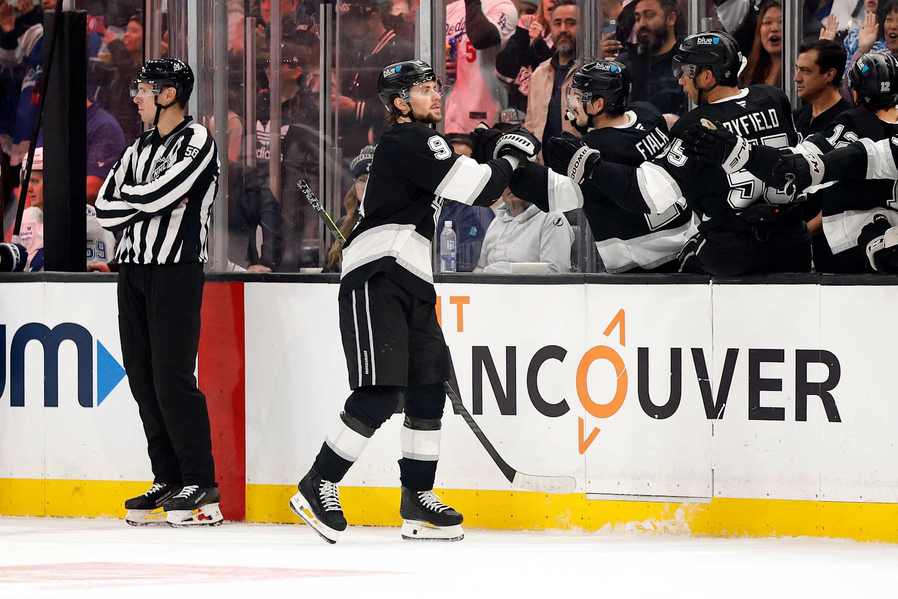 LOS ANGELES, CALIFORNIA - JANUARY 04: Adrian Kempe #9 of the Los Angeles Kings celebrates a goal against the Tampa Bay Lightning in the third period at Crypto.com Arena on January 04, 2025 in Los Angeles, California. (Photo by Ronald Martinez/Getty Images)