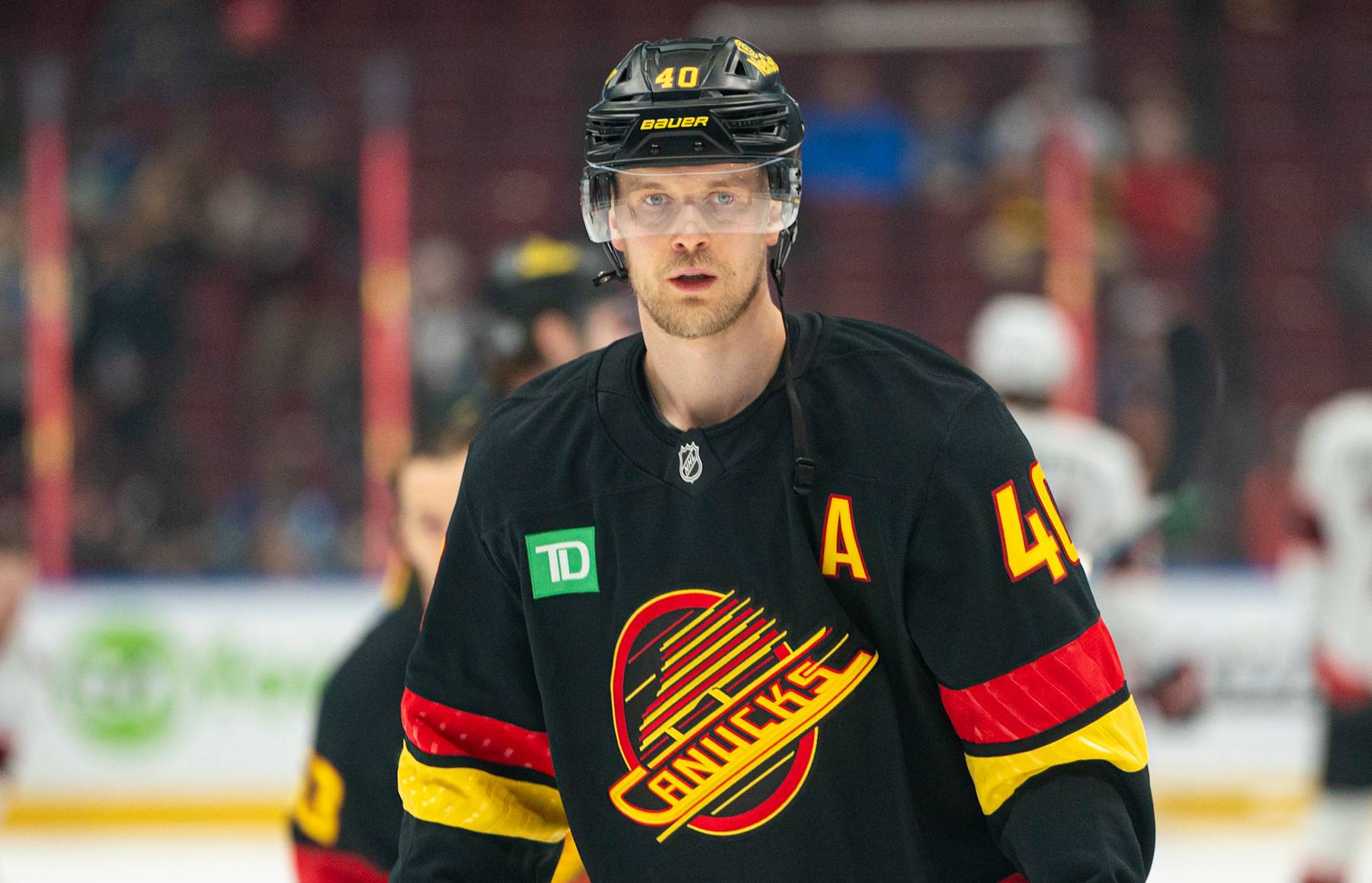 VANCOUVER, CANADA - DECEMBER 21: Elias Pettersson #40 of the Vancouver Canucks during the pre-game warm up prior to the start of NHL action against the Ottawa Senators on December, 21, 2024 at Rogers Arena in Vancouver, British Columbia, Canada.  (Photo by Rich Lam/Getty Images)