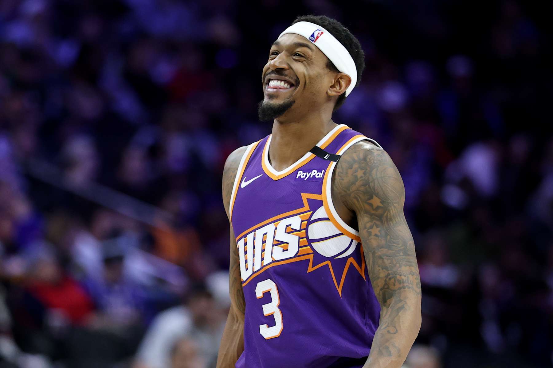 PHILADELPHIA, PENNSYLVANIA - JANUARY 06: Bradley Beal #3 of the Phoenix Suns smiles during the second half against the Philadelphia 76ers at the Wells Fargo Center on January 06, 2025 in Philadelphia, Pennsylvania. NOTE TO USER: User expressly acknowledges and agrees that, by downloading and or using this photograph, User is consenting to the terms and conditions of the Getty Images License Agreement. (Photo by Emilee Chinn/Getty Images)