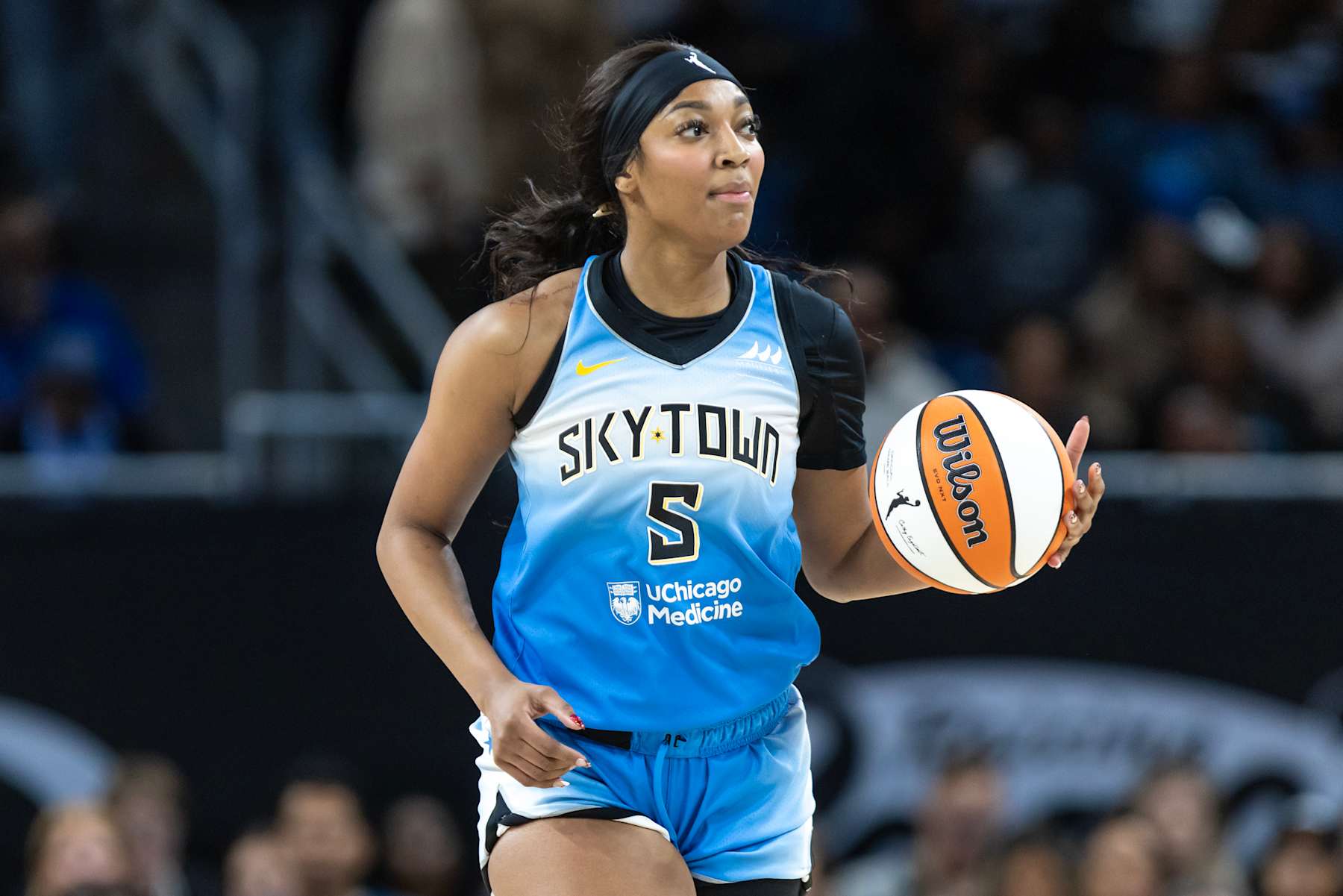 CHICAGO, ILLINOIS - SEPTEMBER 6: Angel Reese #5 of the Chicago Sky dribbles down the court against the Los Angeles Sparks during the first quarter at Wintrust Arena on September 6, 2024 in Chicago, Illinois. NOTE TO USER: User expressly acknowledges and agrees that, by downloading and or using this photograph, User is consenting to the terms and conditions of the Getty Images License Agreement. (Photo by Geoff Stellfox/Getty Images) CHICAGO, ILLINOIS - SEPTEMBER 6: Angel Reese #5 of the Chicago Sky dribbles down the court against the Los Angeles Sparks during the first quarter at Wintrust Arena on September 6, 2024 in Chicago, Illinois. NOTE TO USER: User expressly acknowledges and agrees that, by downloading and or using this photograph, User is consenting to the terms and conditions of the Getty Images License Agreement. (Photo by Geoff Stellfox/Getty Images)