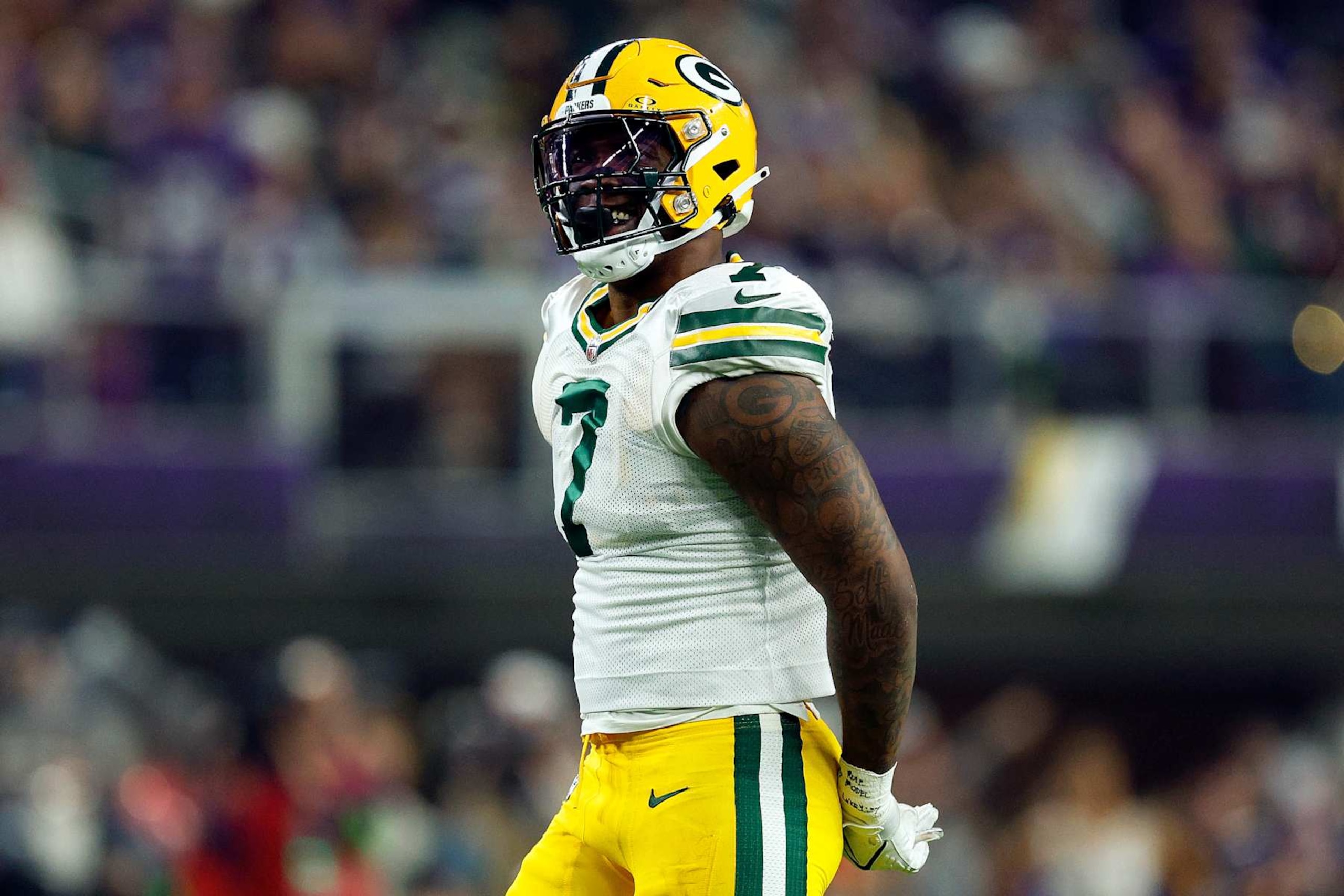 MINNEAPOLIS, MINNESOTA - DECEMBER 31: Quay Walker #7 of the Green Bay Packers celebrates his sack against the Minnesota Vikings in the first half at U.S. Bank Stadium on December 31, 2023 in Minneapolis, Minnesota. The Packers defeated the Vikings 33-10.  (Photo by David Berding/Getty Images)