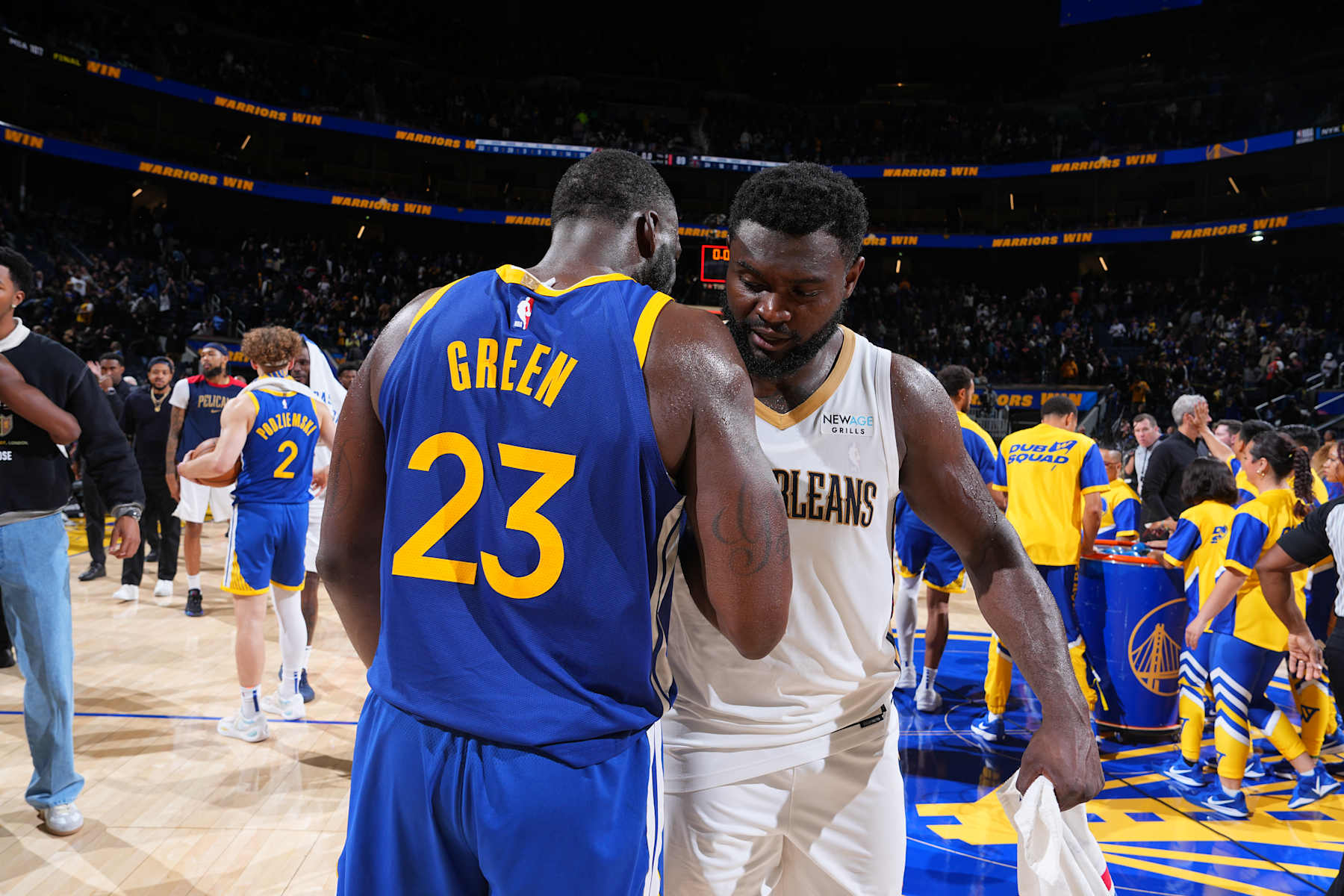 SAN FRANCISCO, CA - OCTOBER 30: Draymond Green #23 of the Golden State Warriors and Zion Williamson #1 of the New Orleans Pelicans embrace after the game on October 30, 2024 at Chase Center in San Francisco, California. NOTE TO USER: User expressly acknowledges and agrees that, by downloading and or using this photograph, user is consenting to the terms and conditions of Getty Images License Agreement. Mandatory Copyright Notice: Copyright 2024 NBAE (Photo by Garrett Ellwood/NBAE via Getty Images)