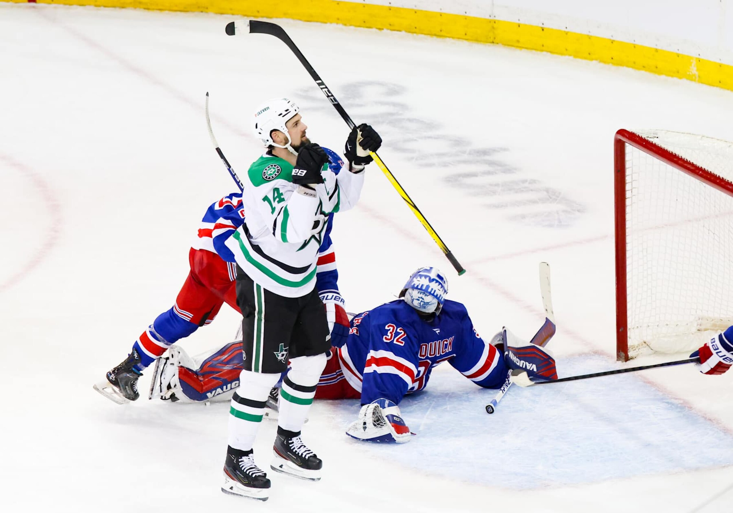 NEW YORK, NY - JANUARY 07: Dallas Stars Left Wing Jamie Benn (14) celebrates after scoring the winning goal during overtime in the National Hockey League game between the Dallas Stars and the New York Rangers on January 7, 2025 at Madison Square Garden in New York, NY. (Photo by Joshua Sarner/Icon Sportswire via Getty Images) NEW YORK, NY - JANUARY 07: Dallas Stars Left Wing Jamie Benn (14) celebrates after scoring the winning goal during overtime in the National Hockey League game between the Dallas Stars and the New York Rangers on January 7, 2025 at Madison Square Garden in New York, NY. (Photo by Joshua Sarner/Icon Sportswire via Getty Images)