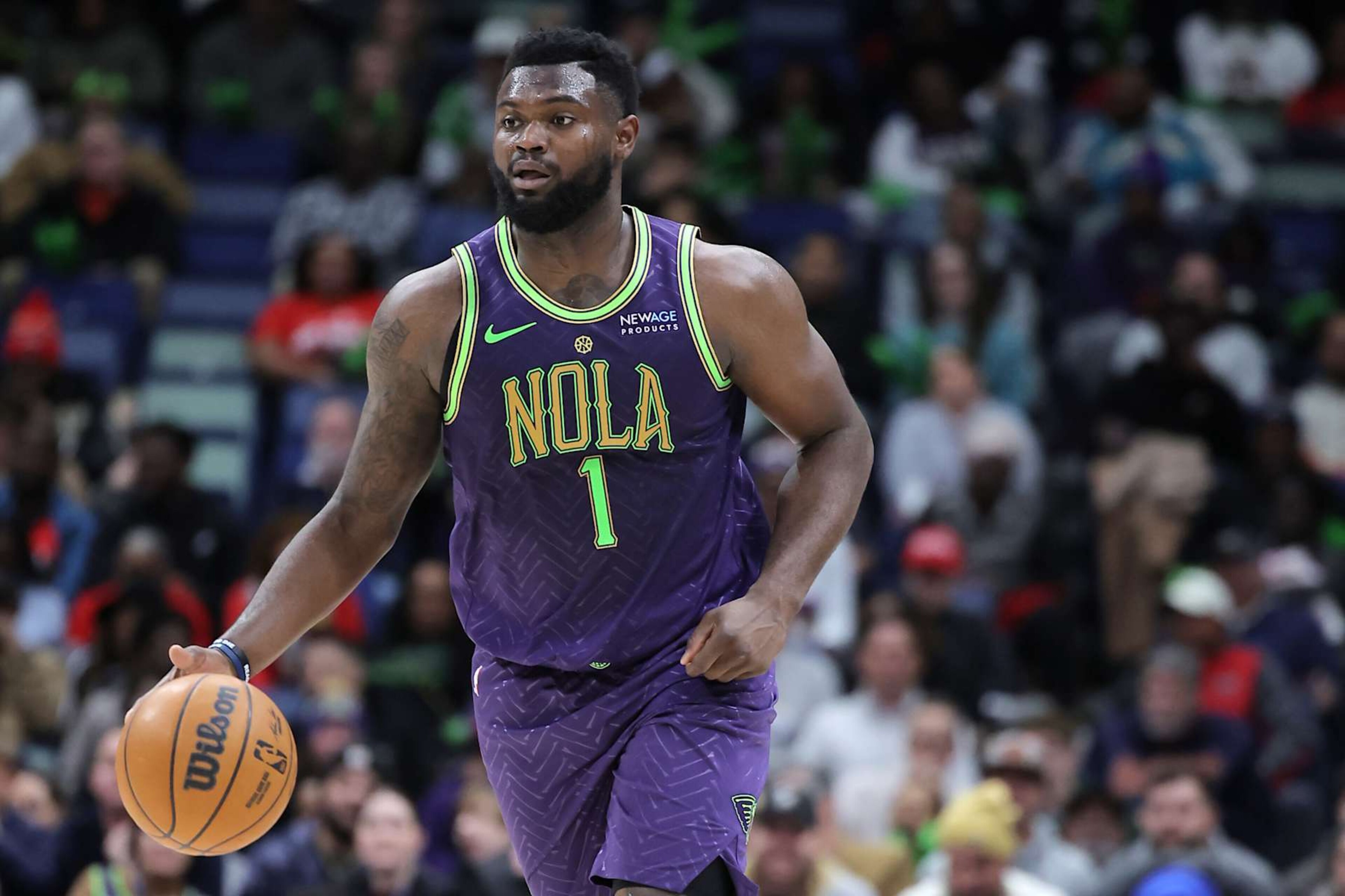 NEW ORLEANS, LOUISIANA - JANUARY 07: Zion Williamson #1 of the New Orleans Pelicans drives with the ball against the Minnesota Timberwolves during a game at the Smoothie King Center on January 07, 2025 in New Orleans, Louisiana. NOTE TO USER: User expressly acknowledges and agrees that, by downloading and or using this Photograph, user is consenting to the terms and conditions of the Getty Images License Agreement. (Photo by Jonathan Bachman/Getty Images) NEW ORLEANS, LOUISIANA - JANUARY 07: Zion Williamson #1 of the New Orleans Pelicans drives with the ball against the Minnesota Timberwolves during a game at the Smoothie King Center on January 07, 2025 in New Orleans, Louisiana. NOTE TO USER: User expressly acknowledges and agrees that, by downloading and or using this Photograph, user is consenting to the terms and conditions of the Getty Images License Agreement. (Photo by Jonathan Bachman/Getty Images)