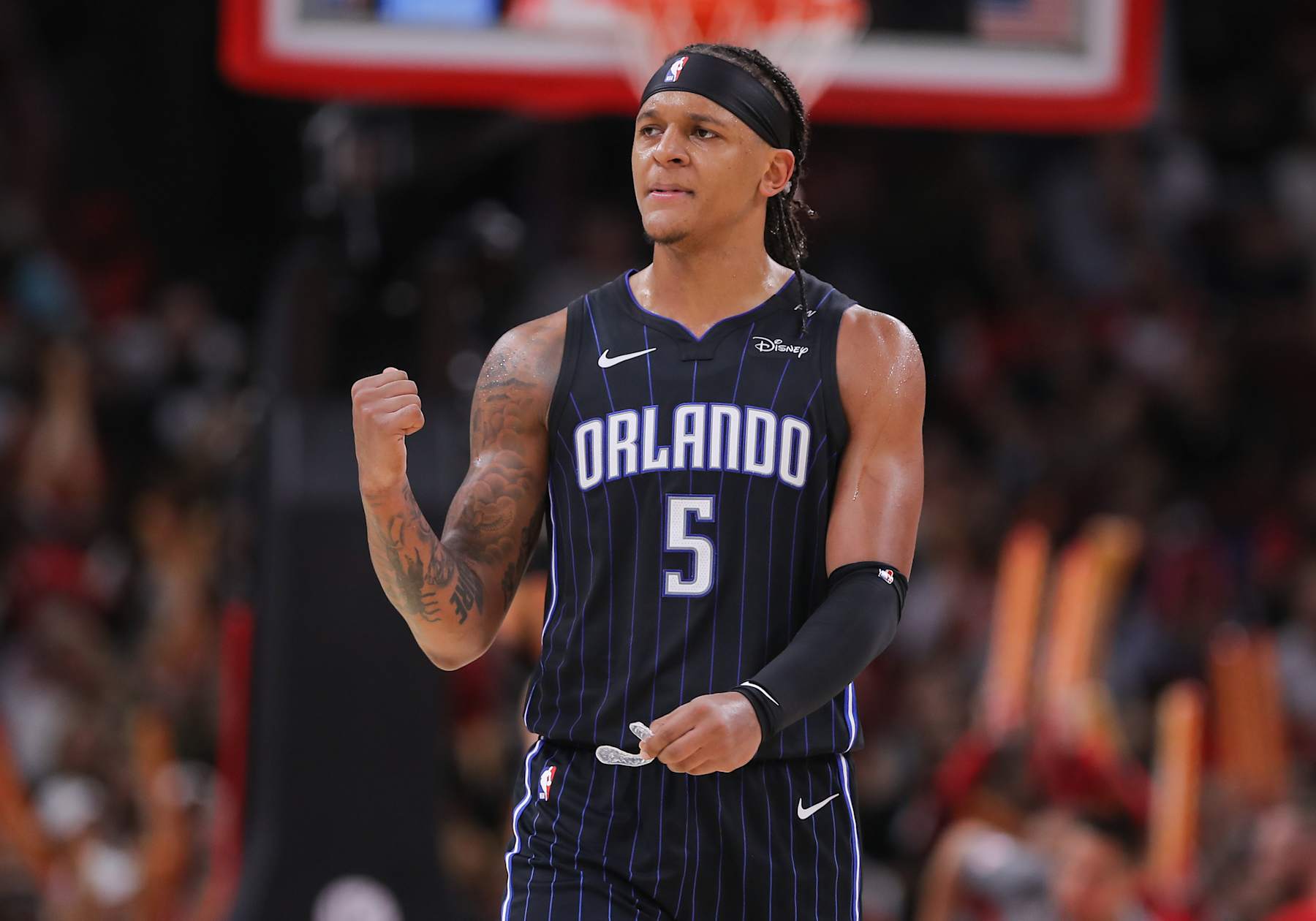 CHICAGO, IL - OCTOBER 30: Orlando Magic forward Paolo Banchero (5) reacts after a play during the second half against the Chicago Bulls on October 30, 2024 at the United Center in Chicago, Illinois. (Photo by Melissa Tamez/Icon Sportswire via Getty Images)